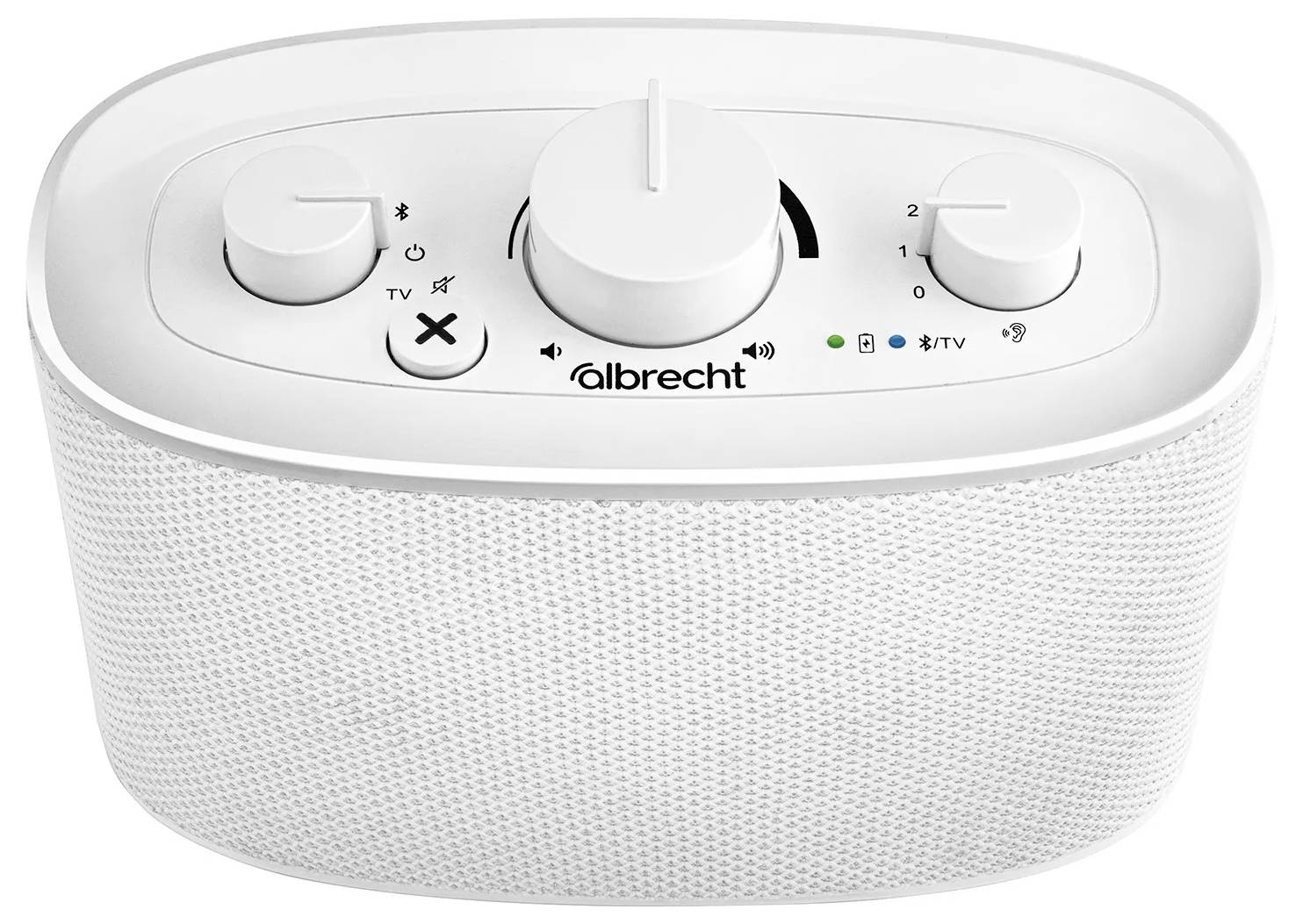 Bílý bezdrátový reproduktor Albrecht s ovládacími knoflíky hlasitosti a ladění na horní straně, označenými ovládacími prvky pro TV a Bluetooth a mřížkou reproduktoru z pletené síťoviny.