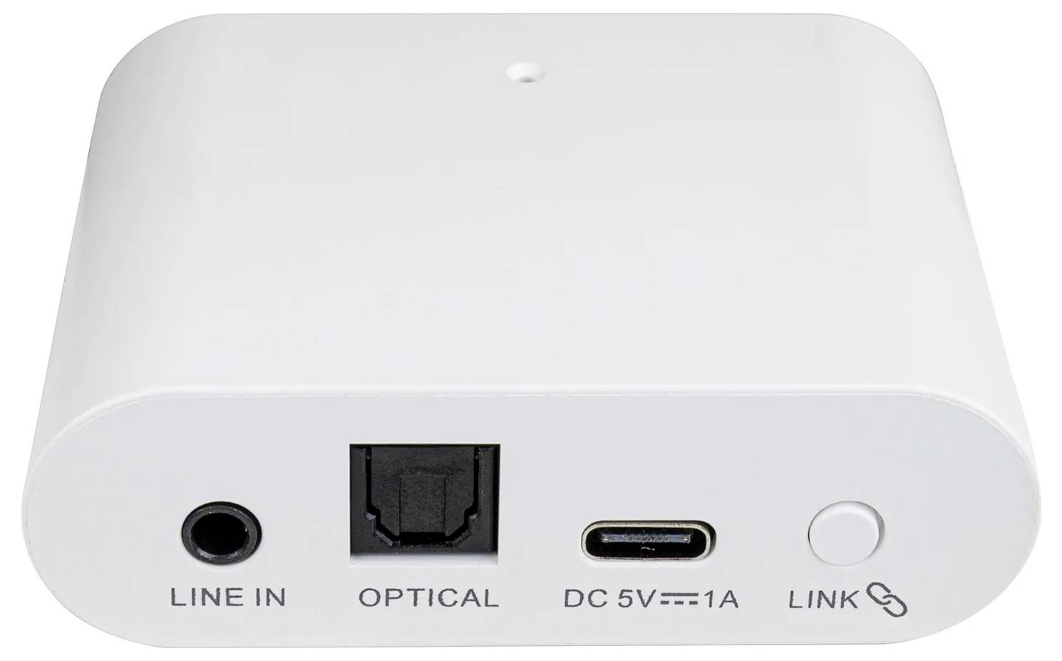 Přijímač bluetooth audia s porty LINE IN, OPTICKÝ, DC 5V⎓1A a tlačítkem LINK na přední straně.