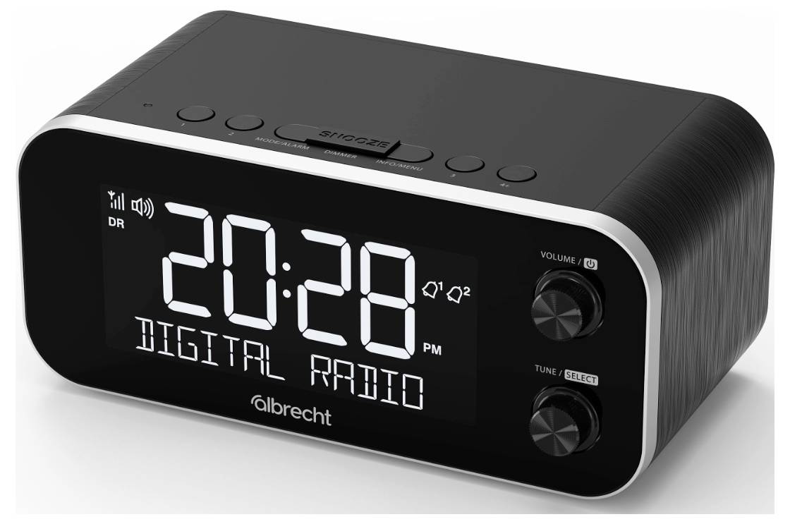 Černé digitální rádio s hodinami zobrazuje '20:28' a 'DIGITÁLNÍ RÁDIO' s ovládacími knoflíky hlasitosti a ladění na pravé straně.