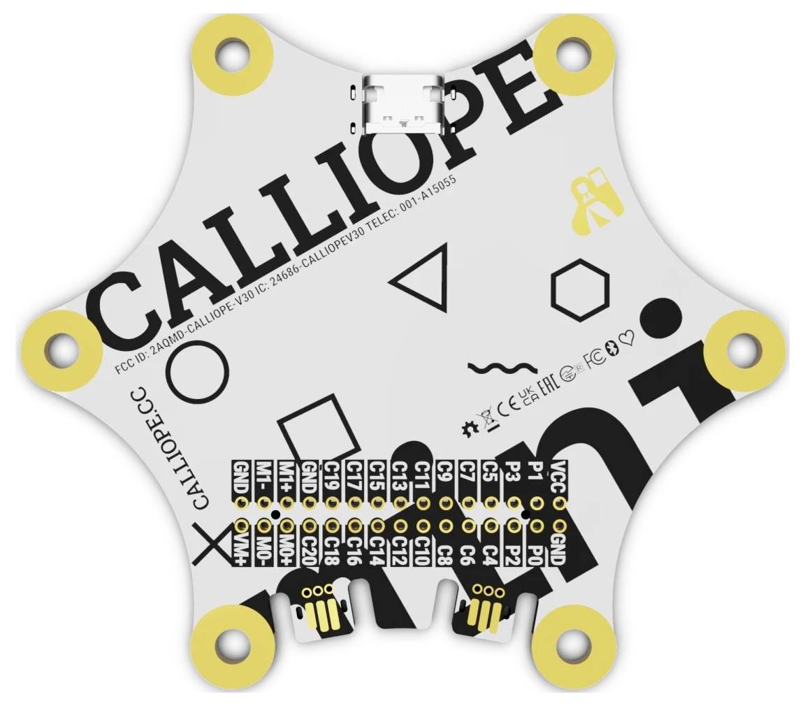 Hvězdovitý mikrořadič označený názvem 'CALLIOPE', vybavený připojovacími body a různými symboly, používaný pro vzdělávací elektronické projekty.