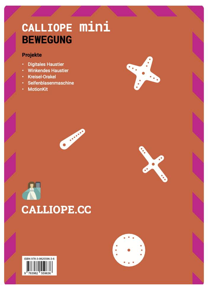 Červené pozadí s textem a QR kódem. Nahoře stojí 'CALLIOPE mini POHYB', pod tím seznam projektů. Dole webová stránka: 'CALLIOPE.CC'.