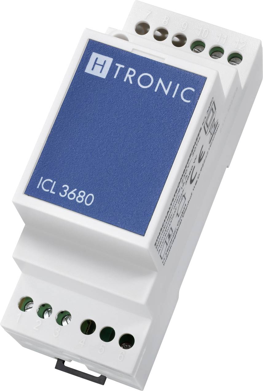 Elektrické zařízení označené štítkem 'H Tronic ICL 3680' s několika připojovacími porty na bílém krytu a modré horní sekci.