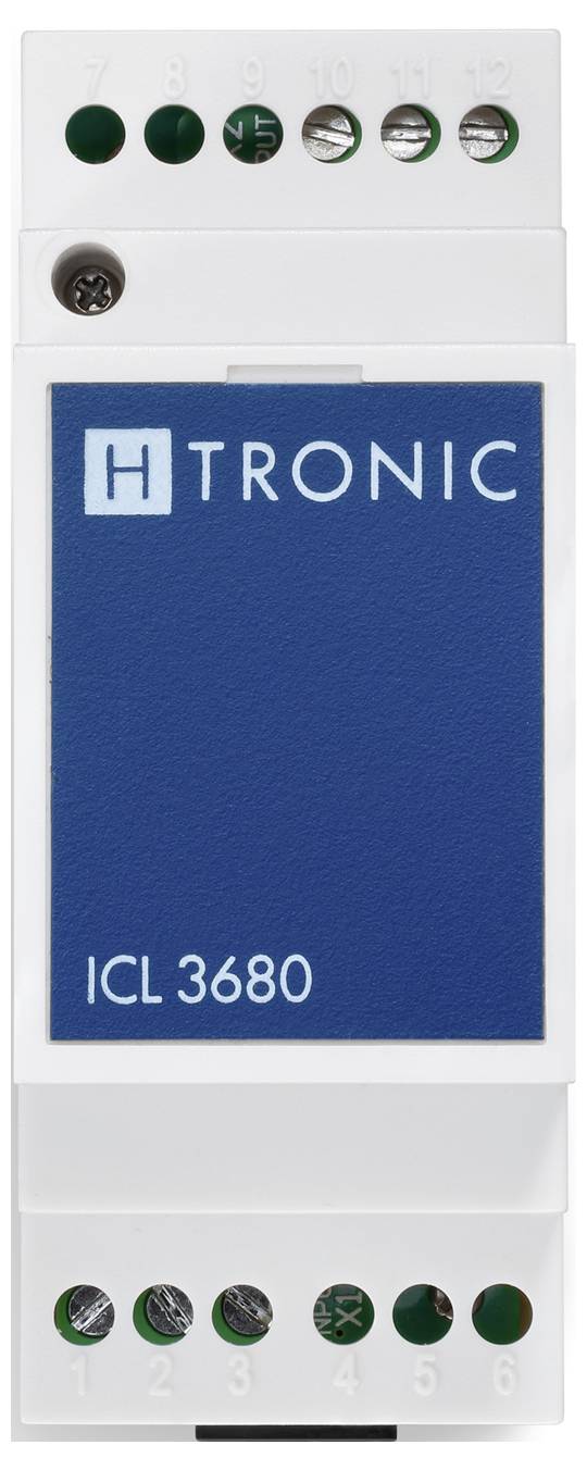 Bílé a modré elektronické zařízení označené štítkem 'H Tronic ICL 3680', vybavené vstupními a výstupními svorkami, pravděpodobně určené pro řízení napětí.