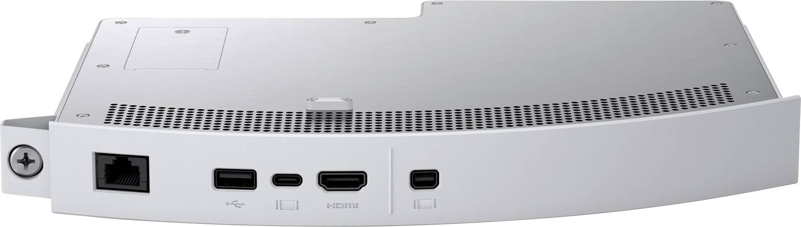 Pohled zezadu na bílé, zakřivené elektronické zařízení zobrazující ethernetový port, dva USB porty a jeden HDMI port.