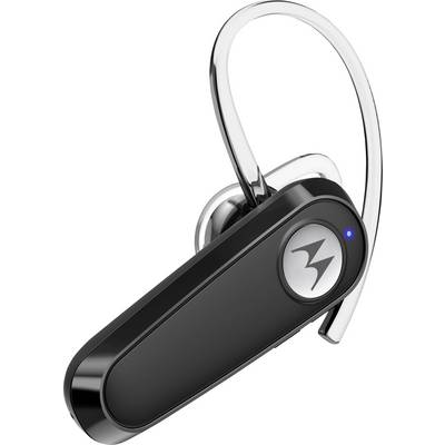 Elegantní černý bluetooth headset Motorola s stříbrnou smyčkou, vybavený modrým indikátorem a logem Motorola na boku.