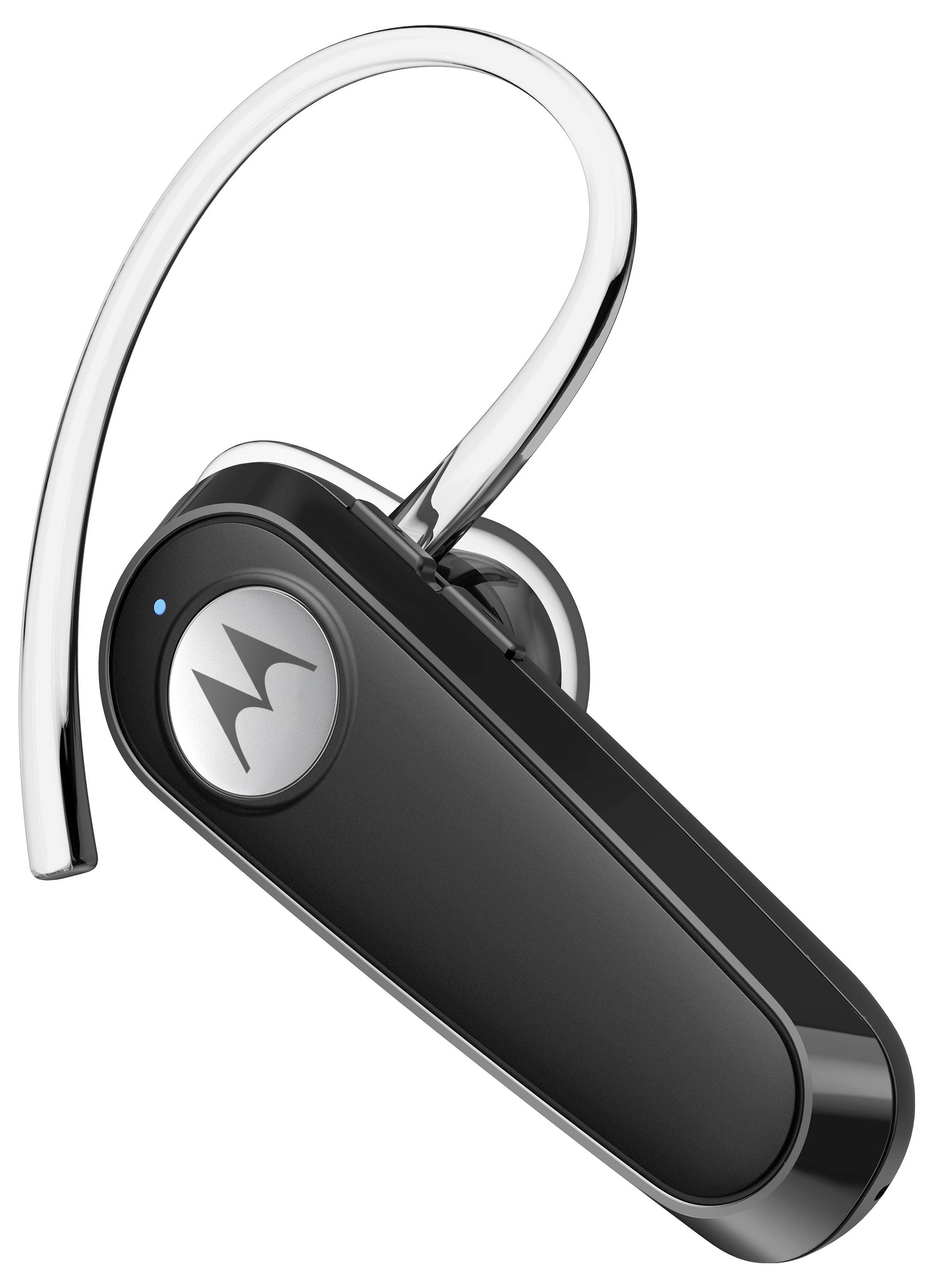 Černá bezdrátová bluetooth náhlavní souprava se stříbrným sluchátkem a háčkem, která má modrou LED indikaci a logo Motorola na boku.