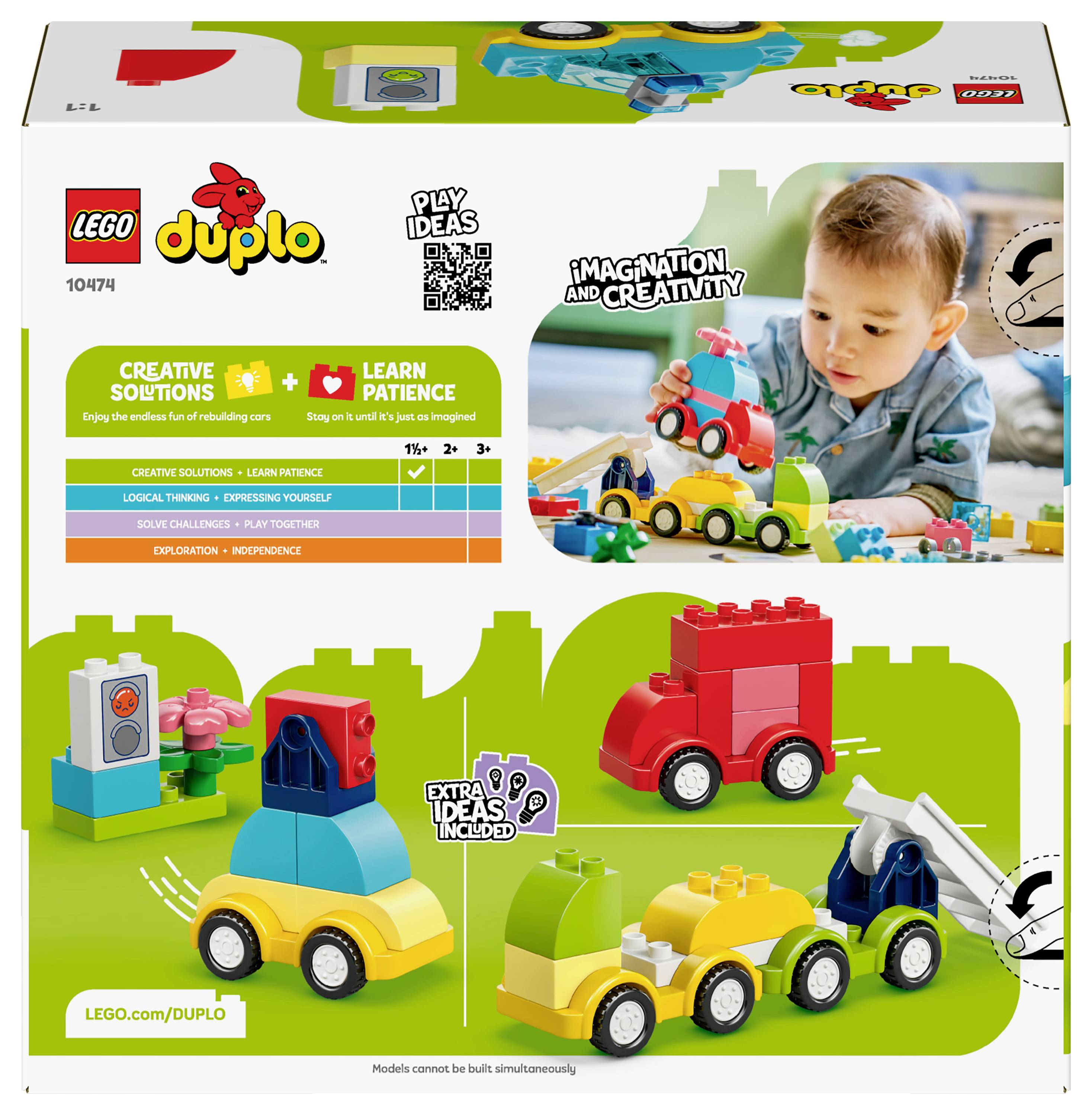Krabice LEGO DUPLO zobrazující batole, jak si hraje s barevnými hračkami vozidel. Obsahuje kreativní nápady na stavění a podporuje dětskou představivost a trpělivost.