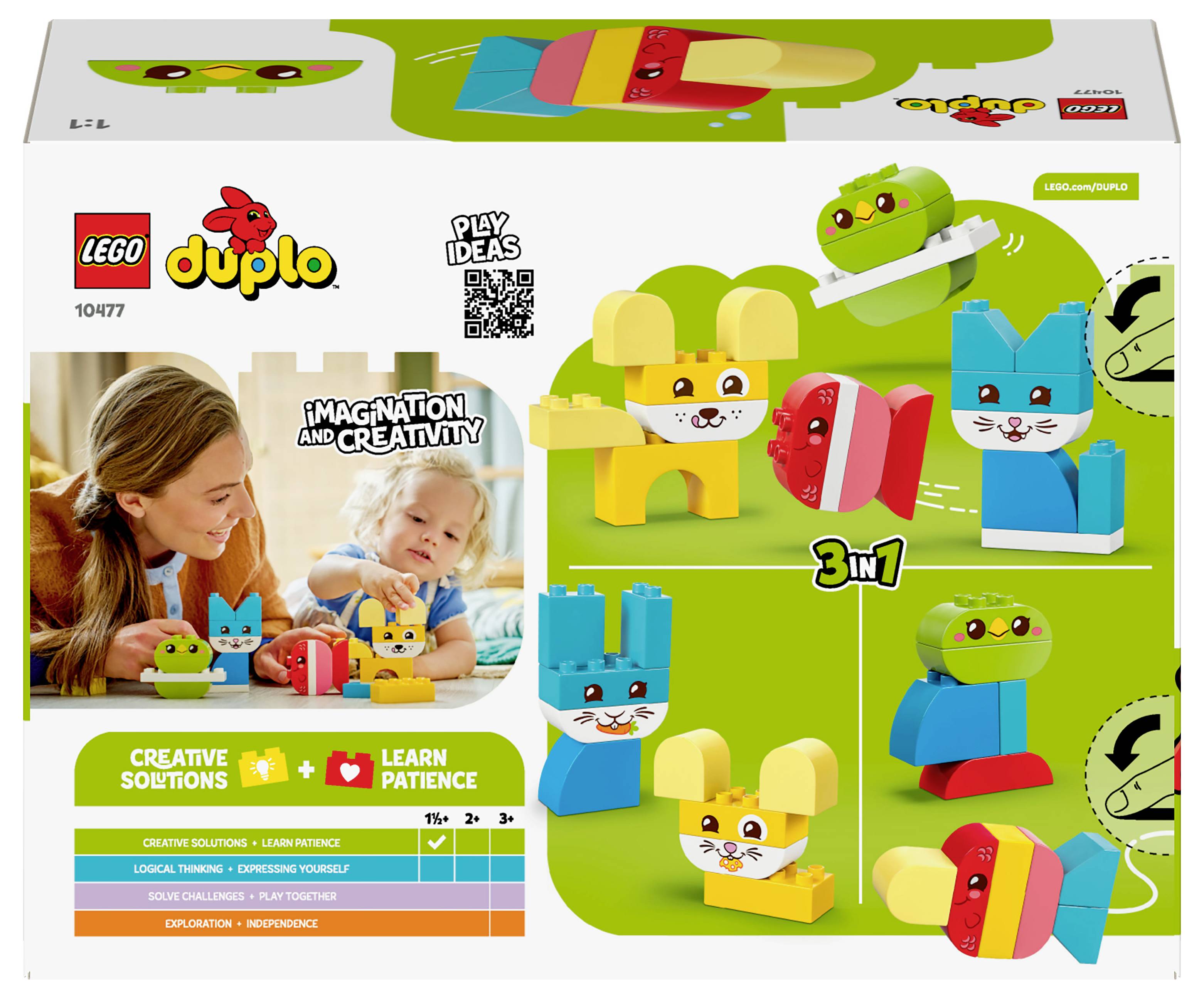 Nápadité herní motivy Lego Duplo, krabice ukazující kreativní zvířecí stavby, s hravými zvířátky v zelené, modré a oranžové barvě, s dítětem, které si staví.