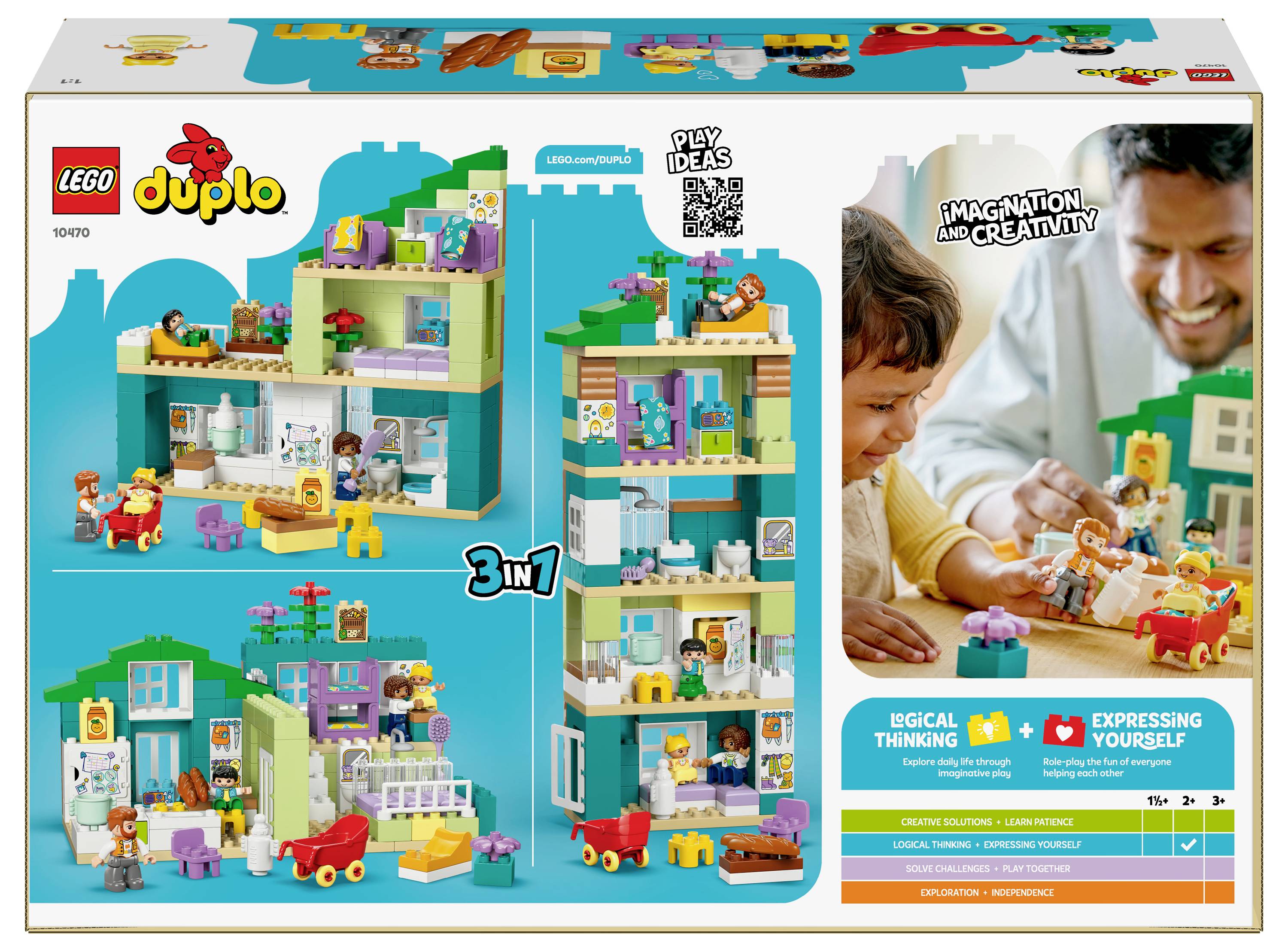 Dětská sada LEGO Duplo s tématem městské výstavby. Nabízí tři různé způsoby stavění. Obsahuje barevné kostičky a miniaturní figurky.