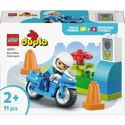 Sada LEGO DUPLO Modrá policejní motorka pro děti od 2 let, obsahuje policejního důstojníka na modré motorce, dopravní kužely a silniční příslušenství.