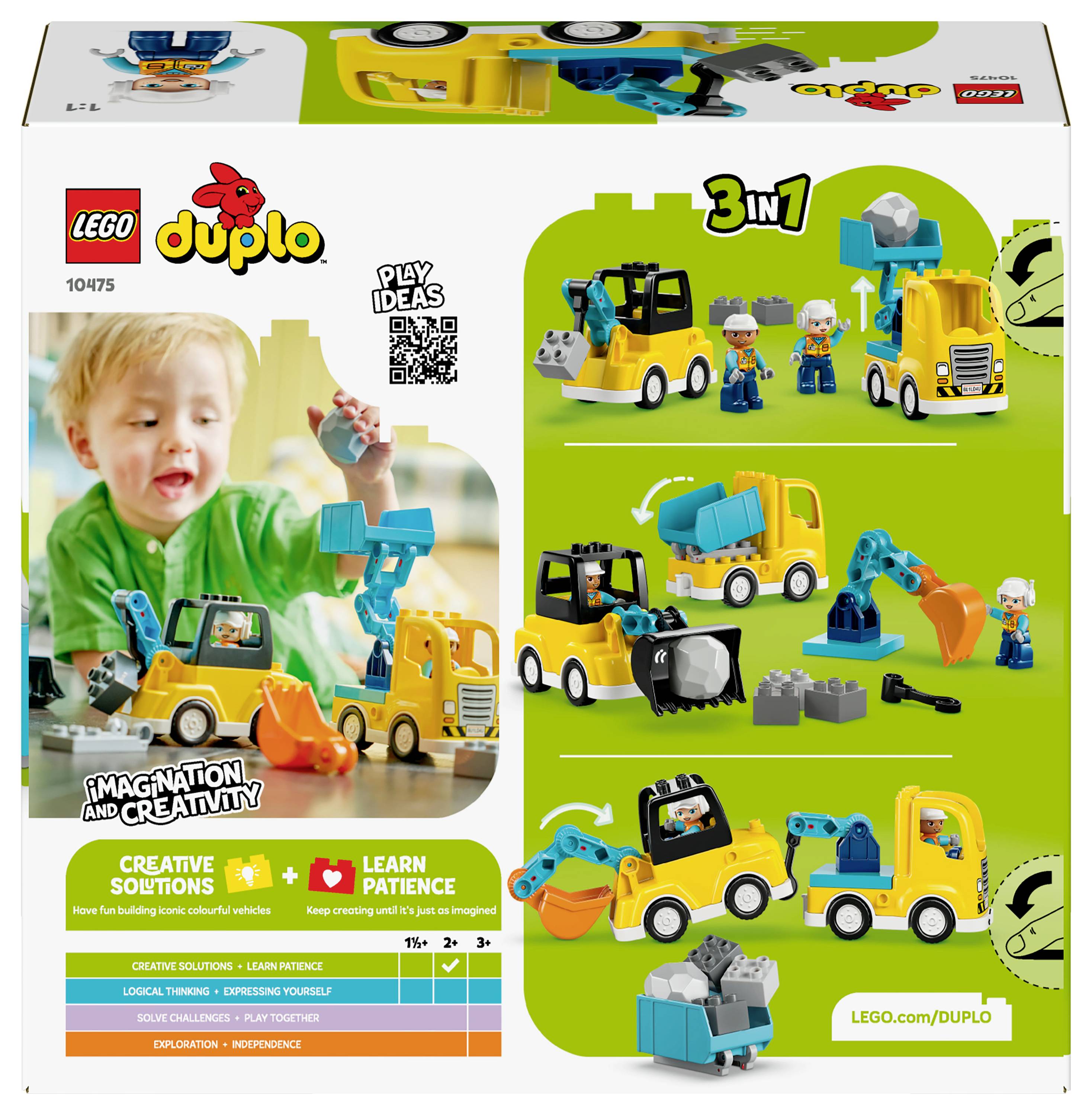 Krabice s herní sadou LEGO DUPLO zobrazující dítě při hře, stavební stroje a dělníky. Zdůrazňuje kreativitu a učení prostřednictvím stavění.