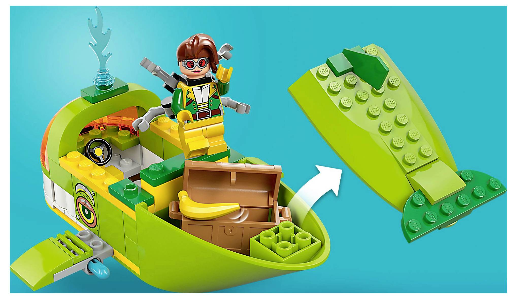 Sada LEGO znázorňující malé zelené letadlo s kokpitem, banánovou součástkou uvnitř a odnímatelnou sekcí. Obsahuje minifigurku pilota.