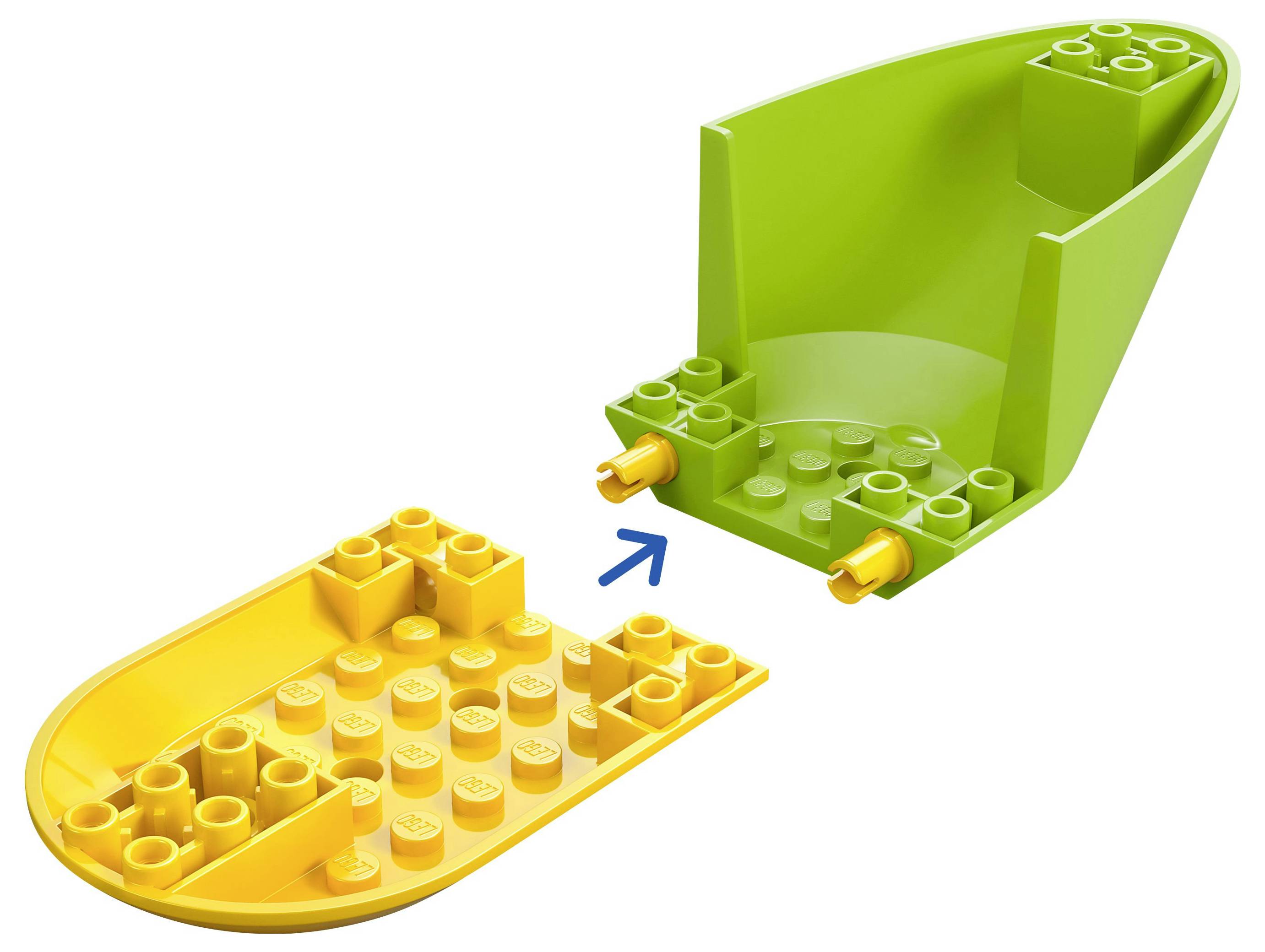 Zelený dílek LEGO s otvory pro kolíky směřujícími dopředu, umístěný nad žlutým dílem LEGO, se šipkou označující jejich propojení.