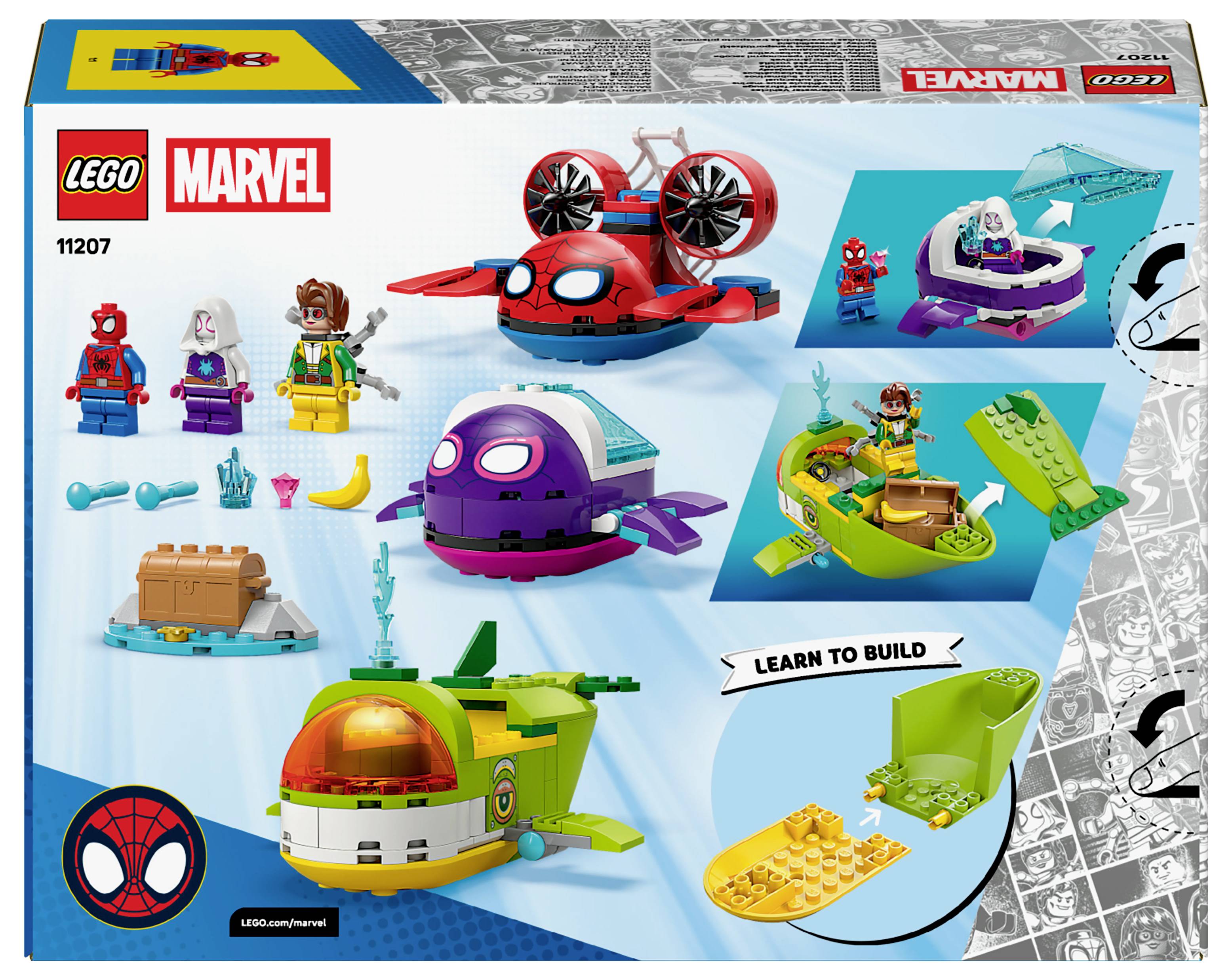 LEGO Marvel sada 11207 s krabicí zobrazující různé mini stavby včetně vrtulníku ve stylu Spider-Mana, lodě a figurek s doplňky.