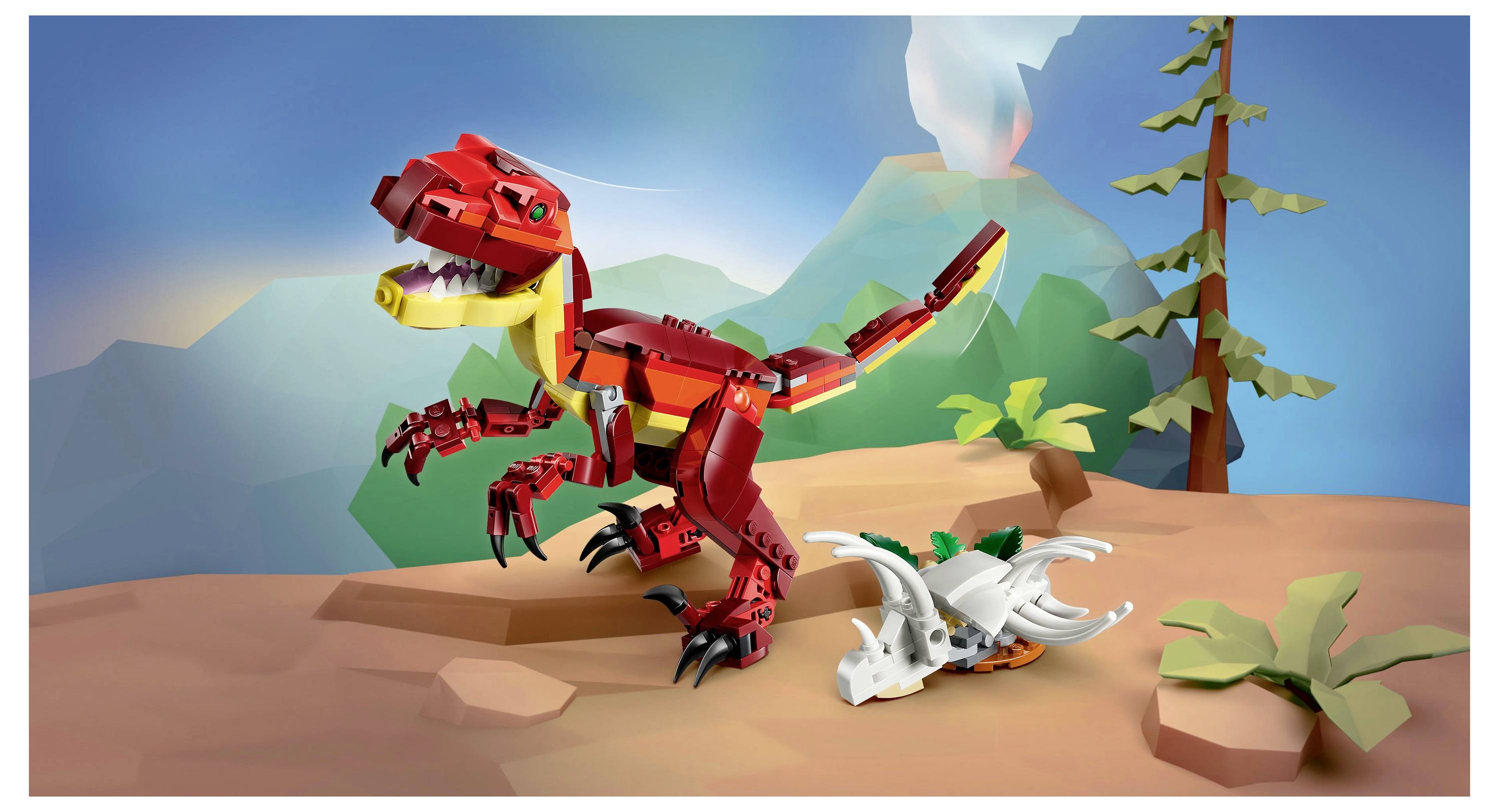 Hračkářský dinosaurus vyrobený z barevných vzájemně propojitelných stavebních kostek stojí na skalnatém povrchu s vulkánem a stromy v pozadí.