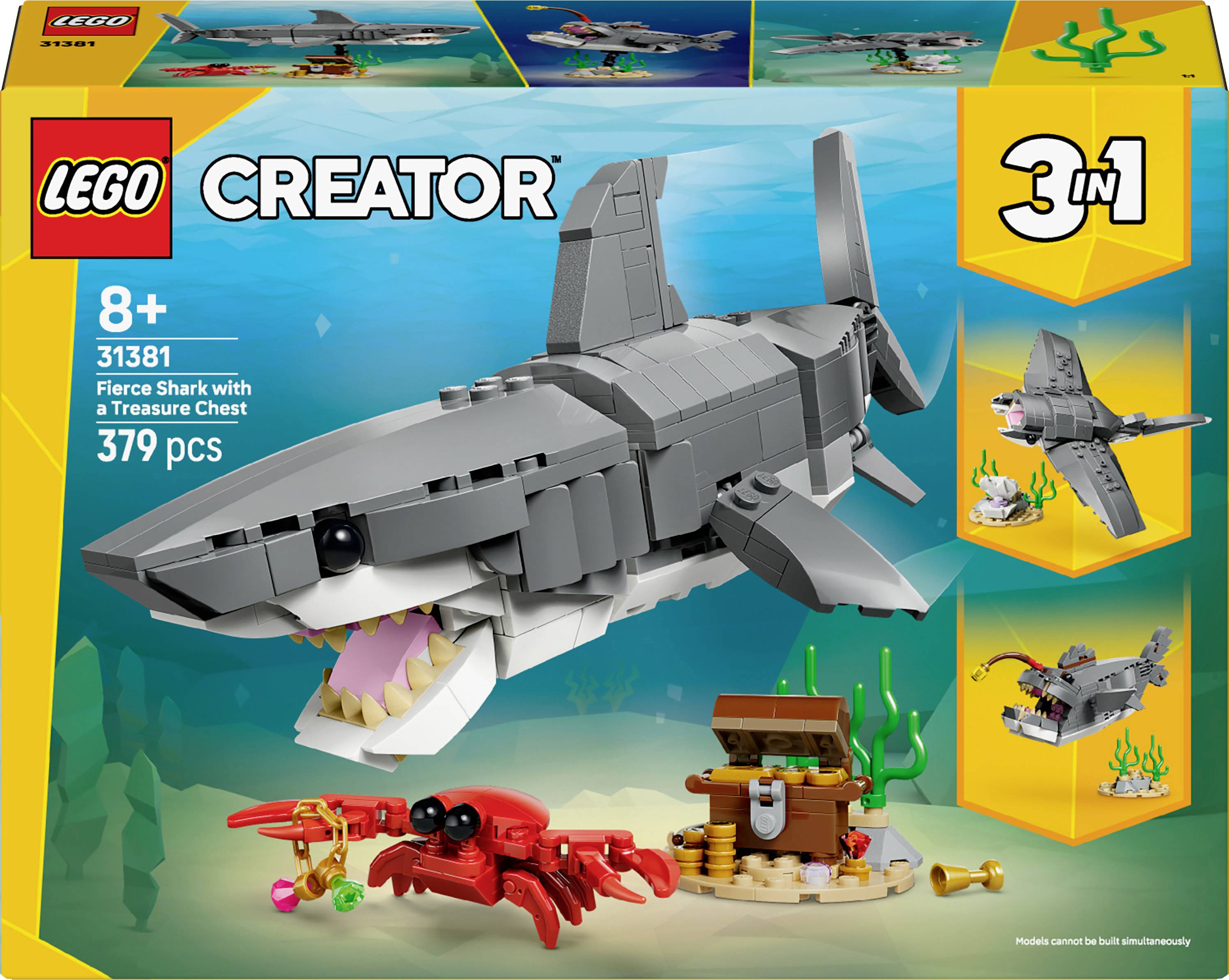 Lego Creator 3-in-1: Divoký žralok se skrínkou pokladu, určeno pro věk 8 a více let, obsahuje stavebnice žraloka, ponorky a krabě, 379 dílů.