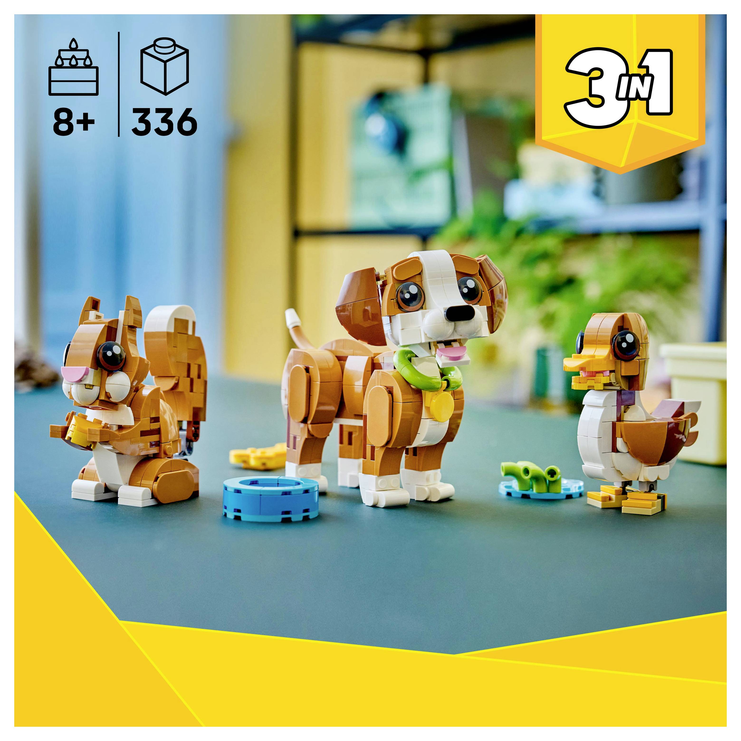 Sada Lego pro děti od 8 let, 336 dílků. Obsahuje stavitelného psa, kachnu a další zvířata z barevných kostek. Víceúčelová sada k vystavení.