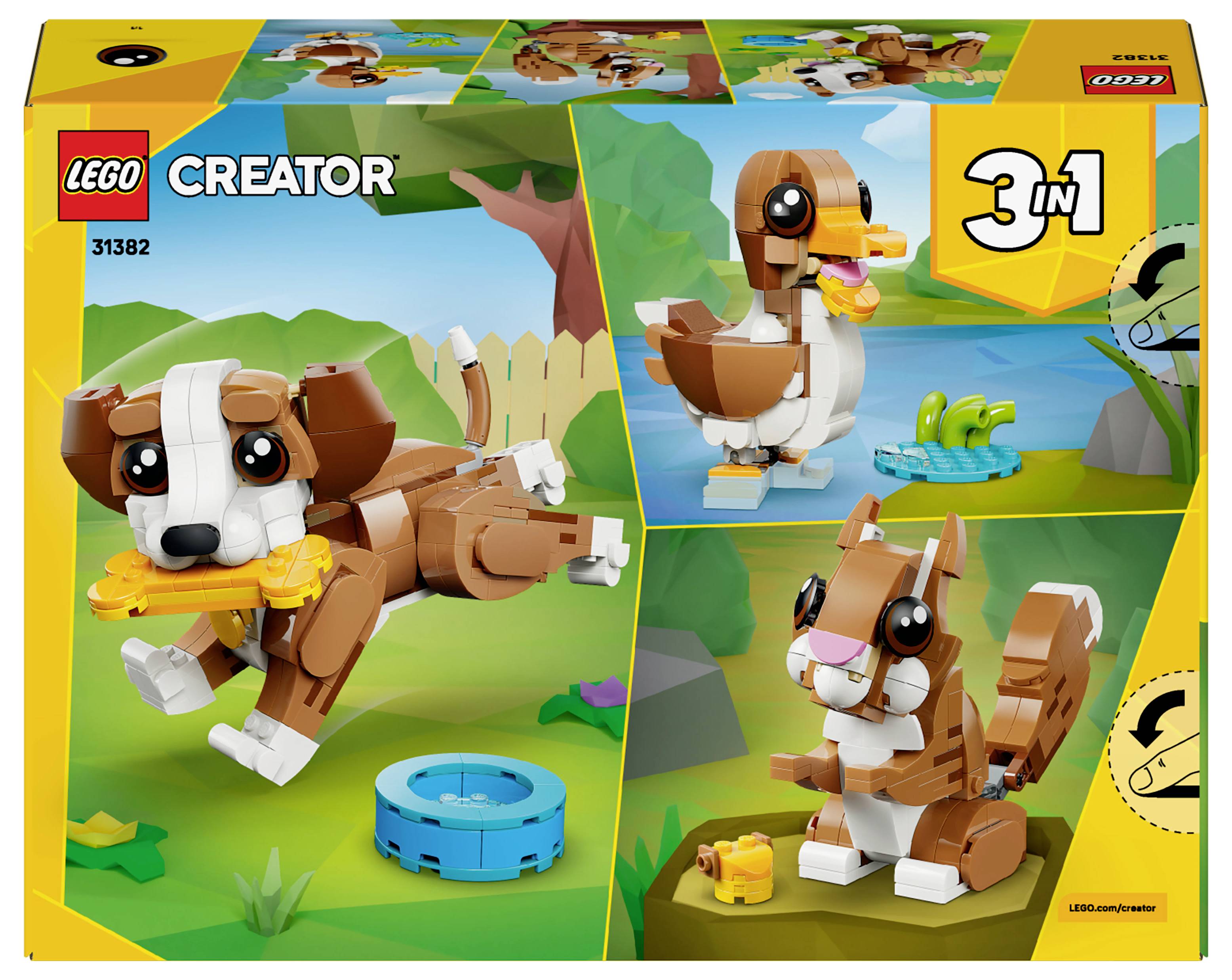 Sada LEGO Creator 3-in-1 s krabicí zobrazující psa, kachnu a veverku složené z LEGO kostek s hravým pozadím. Číslo sady: 31132.