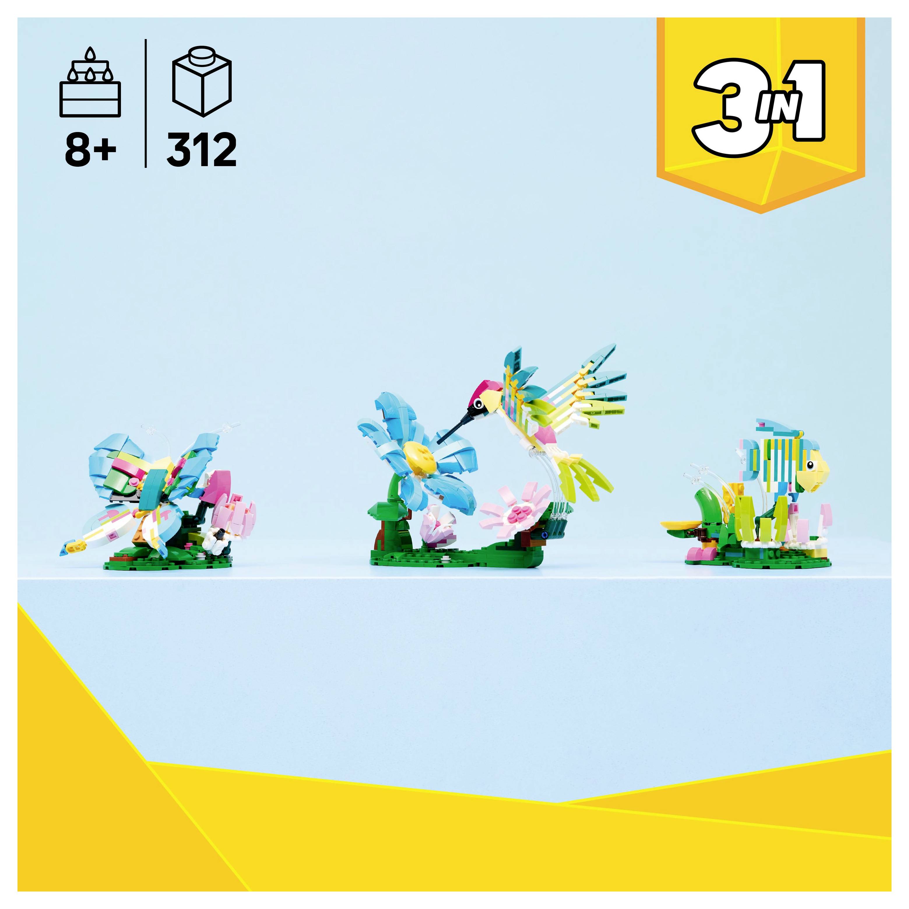 Lego 3-v-1 Creator sada pro děti od 8 let. Obsahuje stavitelná zvířata: kolibříka, rybu a žábu, celkem 312 dílků.
