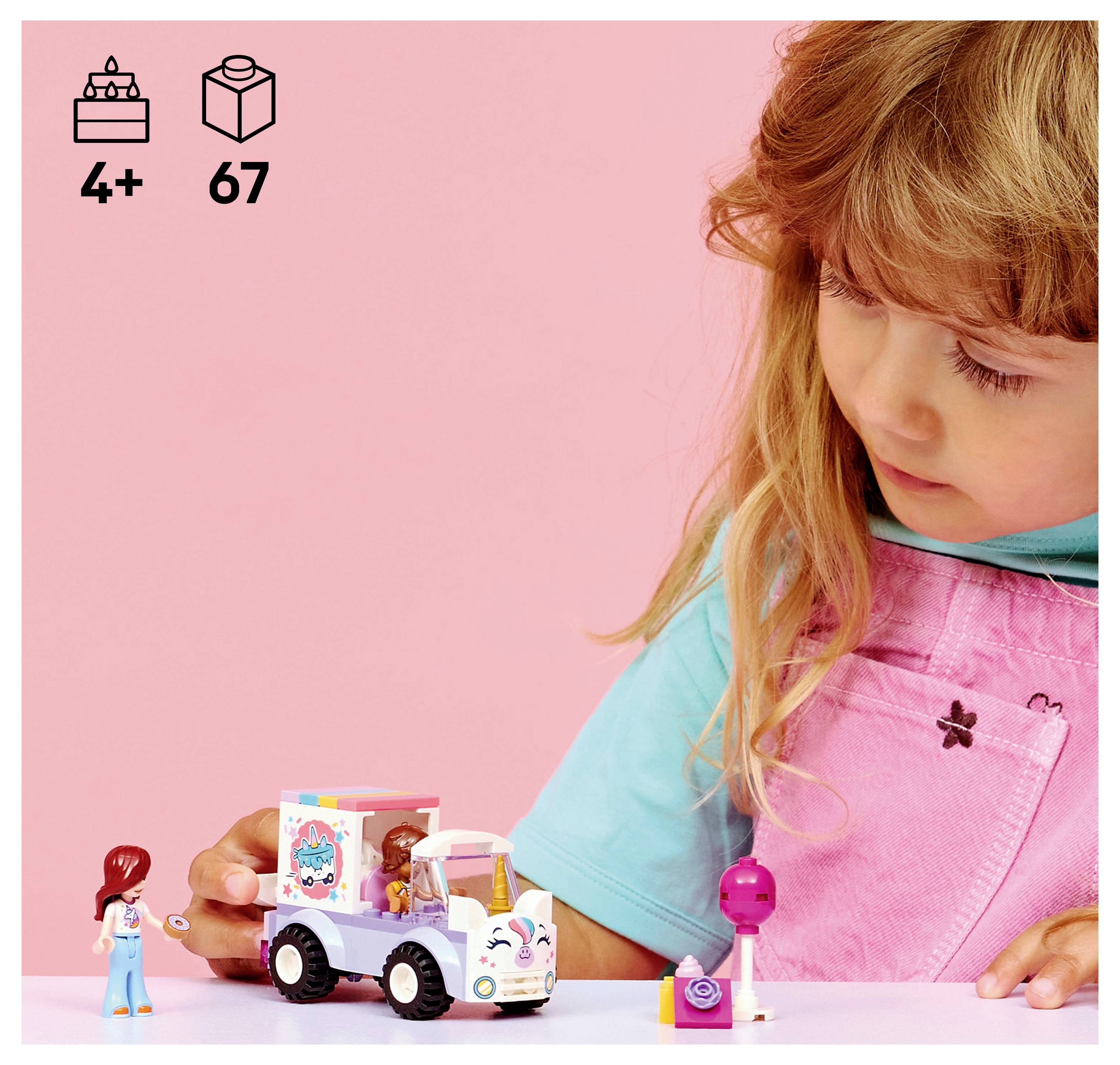 Dítě si hraje s malým hračkářským vozíkem na zmrzlinu, který má barevné detaily a miniaturní figurky na růžovém pozadí.