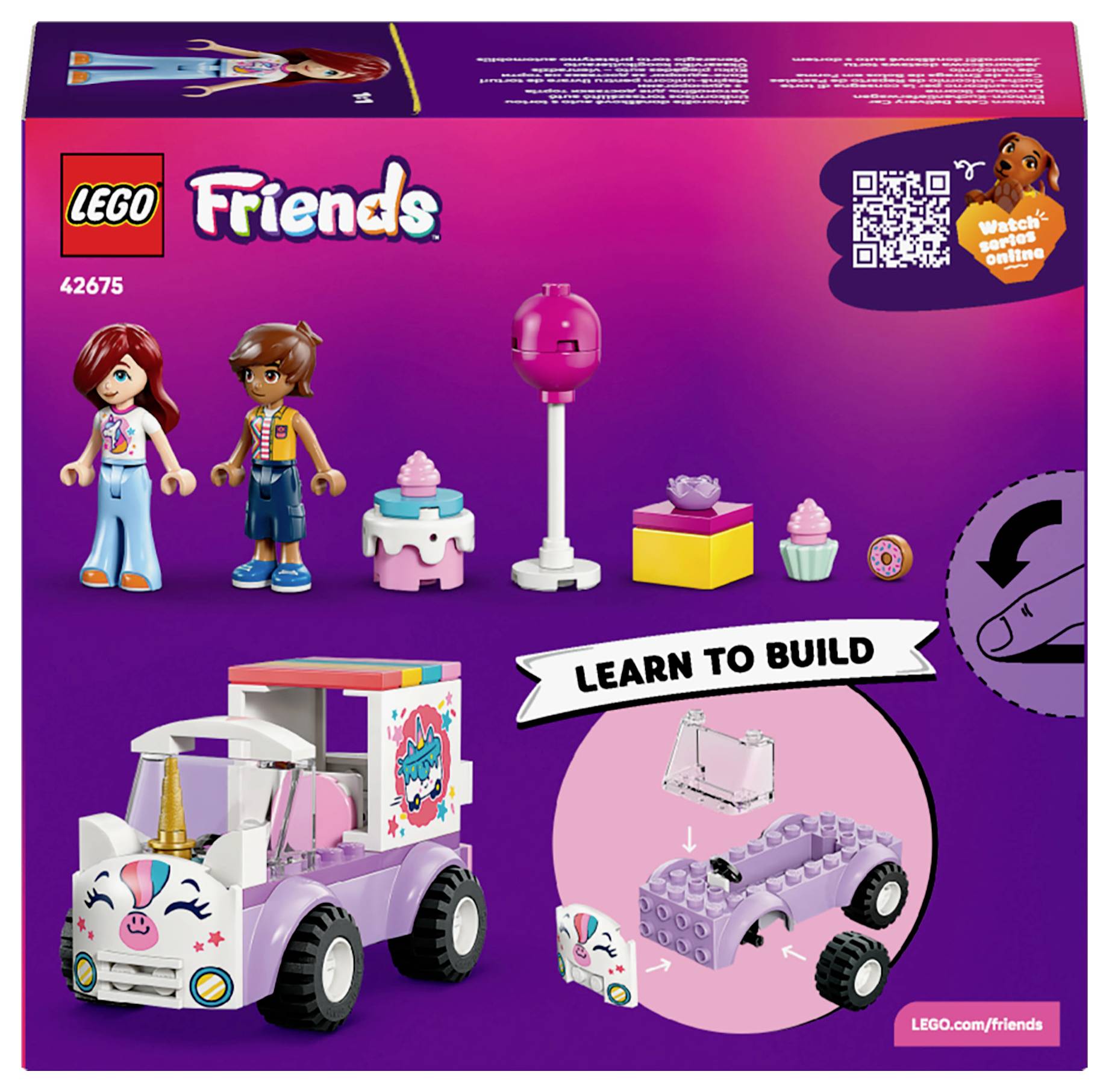 Sada Lego Friends s krabicí obsahující dvě figurky, růžový zmrzlinový vozík a drobné doplňky. Součástí je návod 'Nauč se stavět' a odkaz na online zdroje.