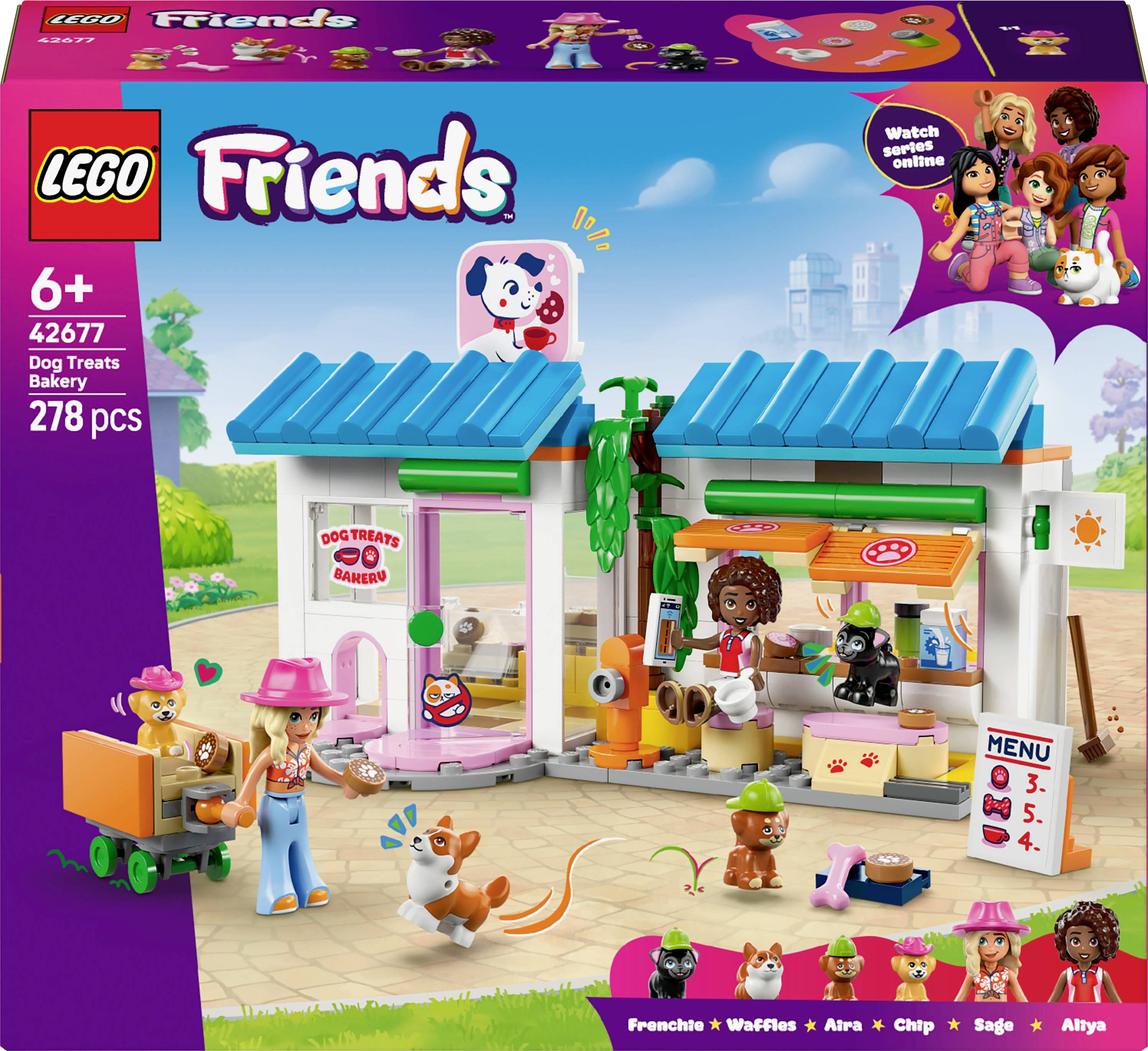 Přebal LEGO Friends: Pekárna psích pamlsků<br><br>Obsahuje 278 dílků<br><br>Obrázek ukazuje postavičky připravující a pečící pamlsky pro psy, hrající si se psy a menu ceduli v roztomilém LEGO Friends stylu.