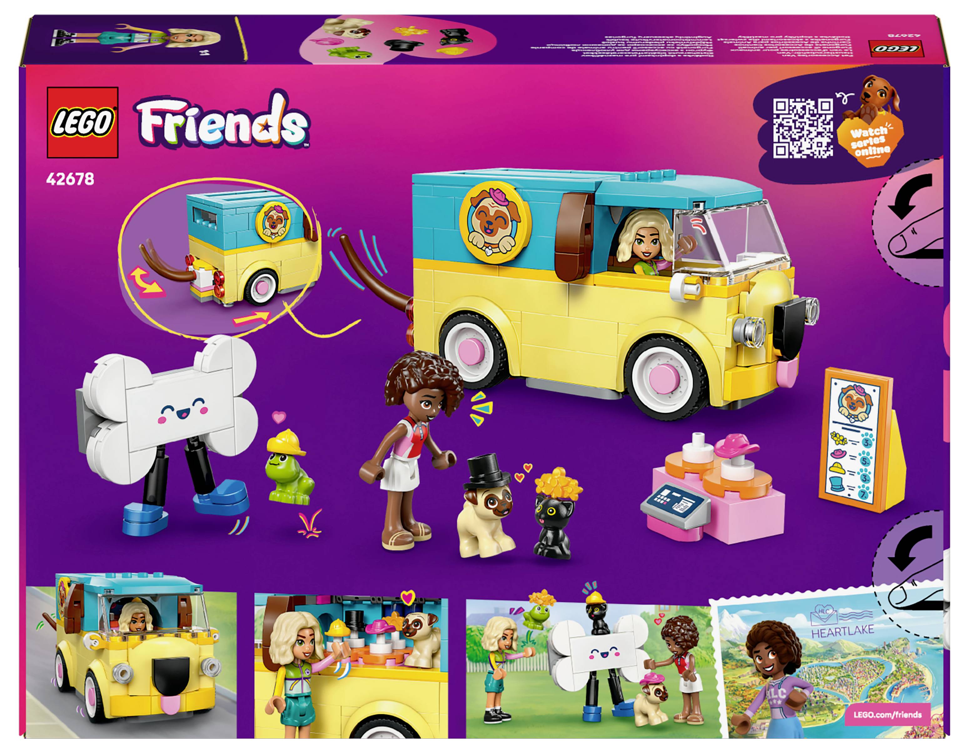 Sada Lego Friends 41678 zobrazuje barevný van, dvě postavy, psa, stůl a doplňky pro vytváření kreativních herních scén.