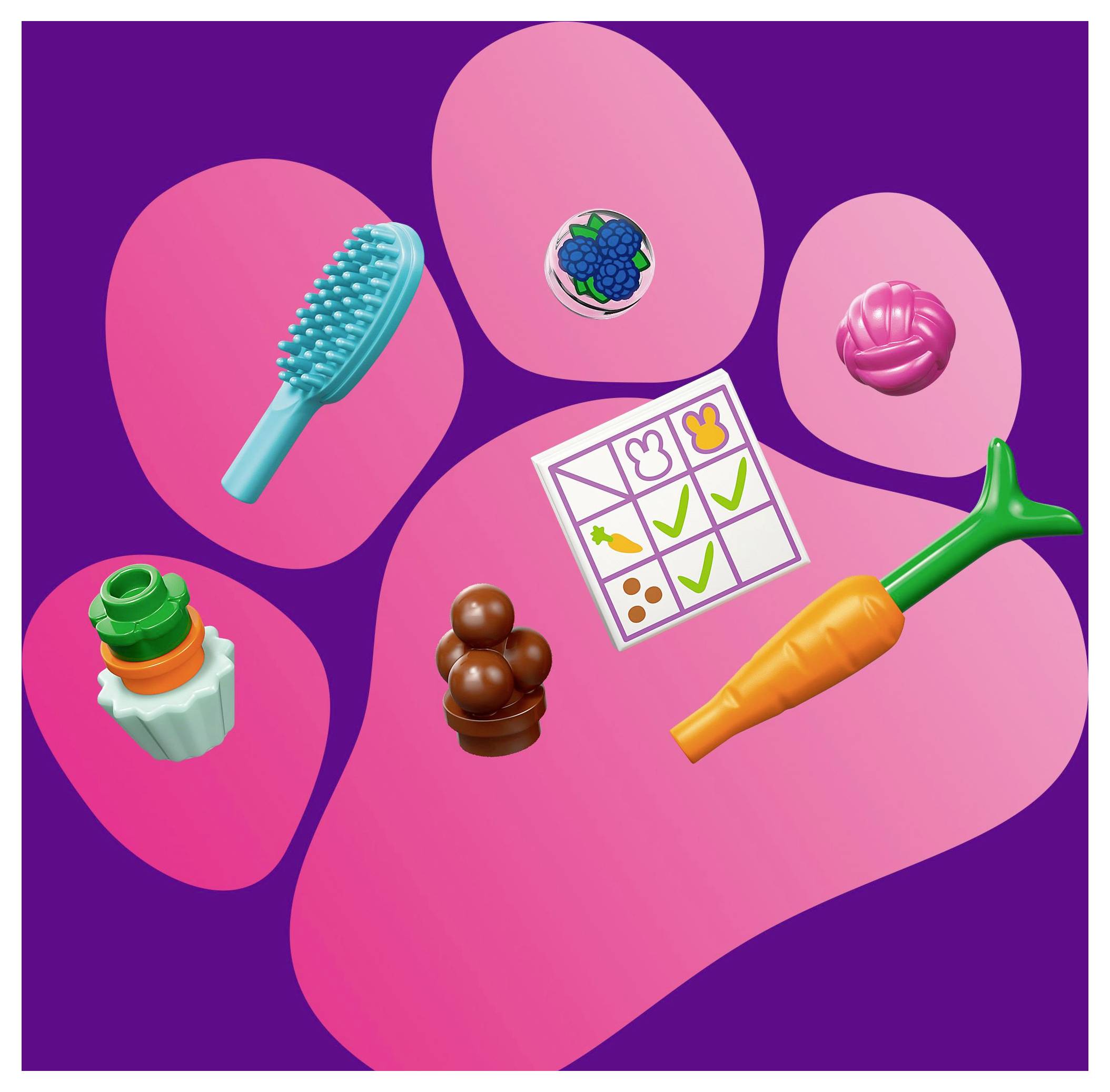 Fialová tlapka zvířete s pěti hračkami pro psy: kartáč, mušle, mrkev, cupcake a čokoláda. Ve středu seznam úkolů s zaškrtnutými políčky.