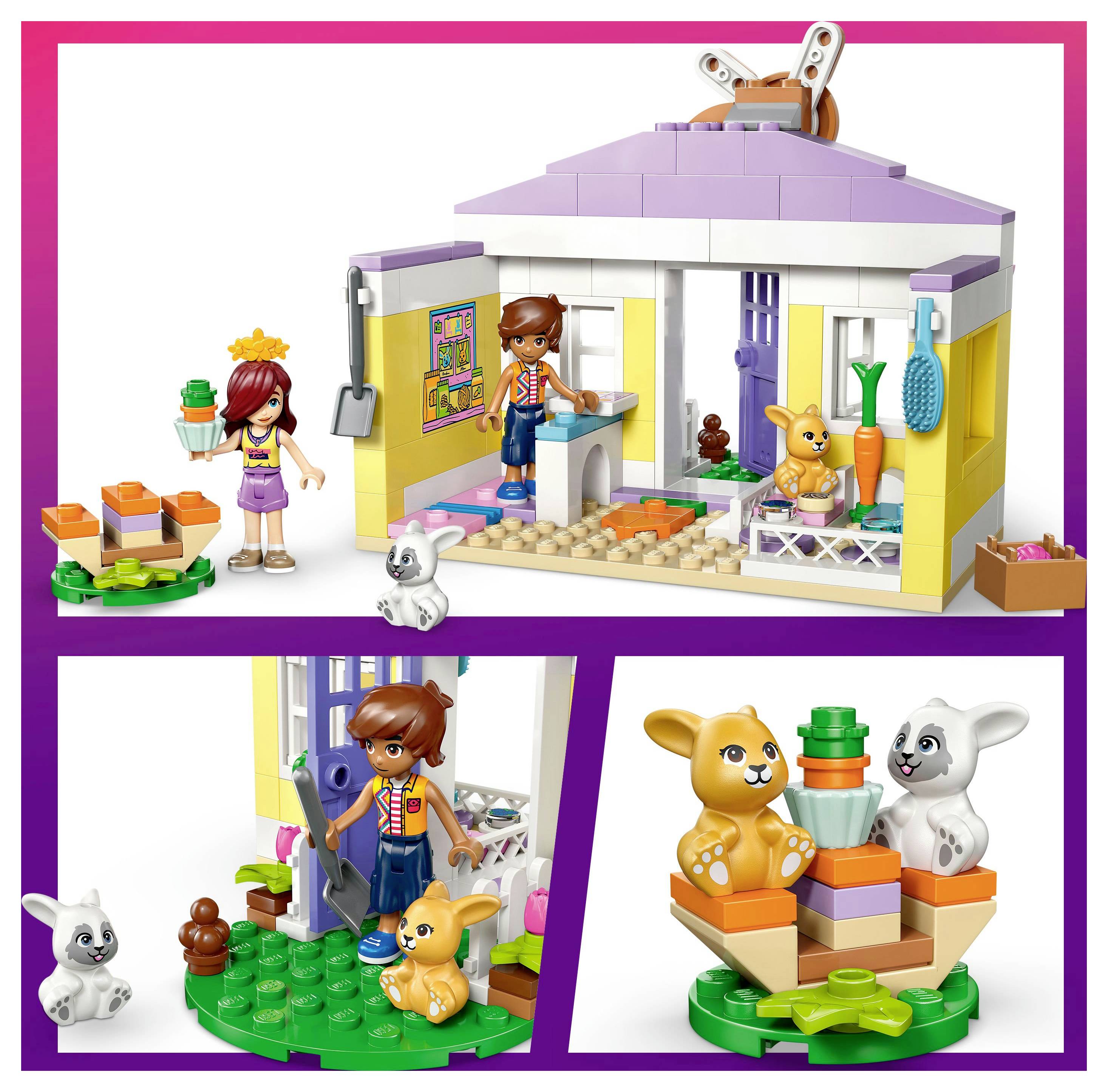 Dětská LEGO sada znázorňující domek s králičím motivem, včetně miniaturních figurek, králíčků a zahradní scény. Hravý a barevný design.