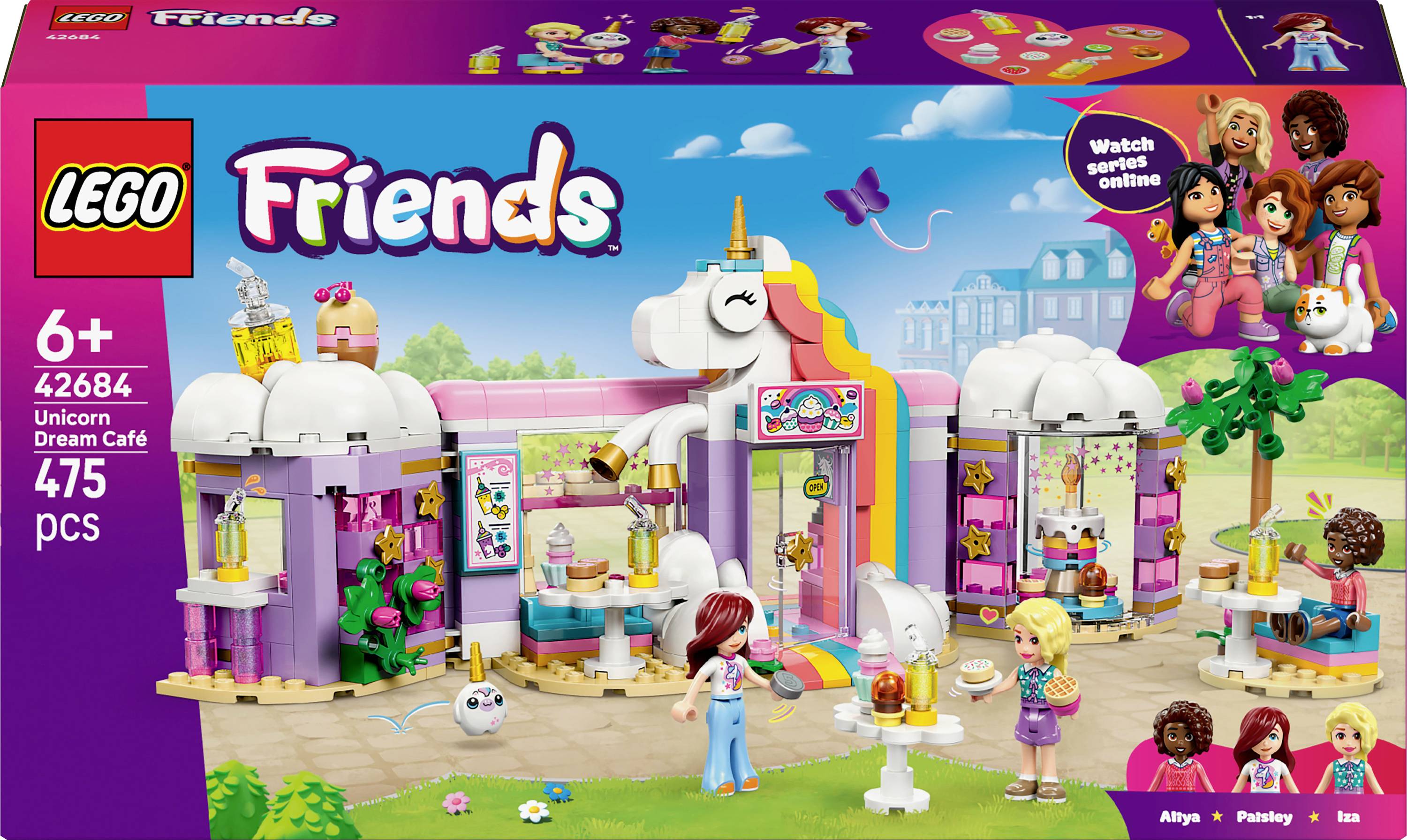 LEGO Friends Café Jednorožcův sen pro děti od 6 let, s tématikou jednorožcovy kavárny, minifigurkami a doplňky, obsahující 475 dílků.