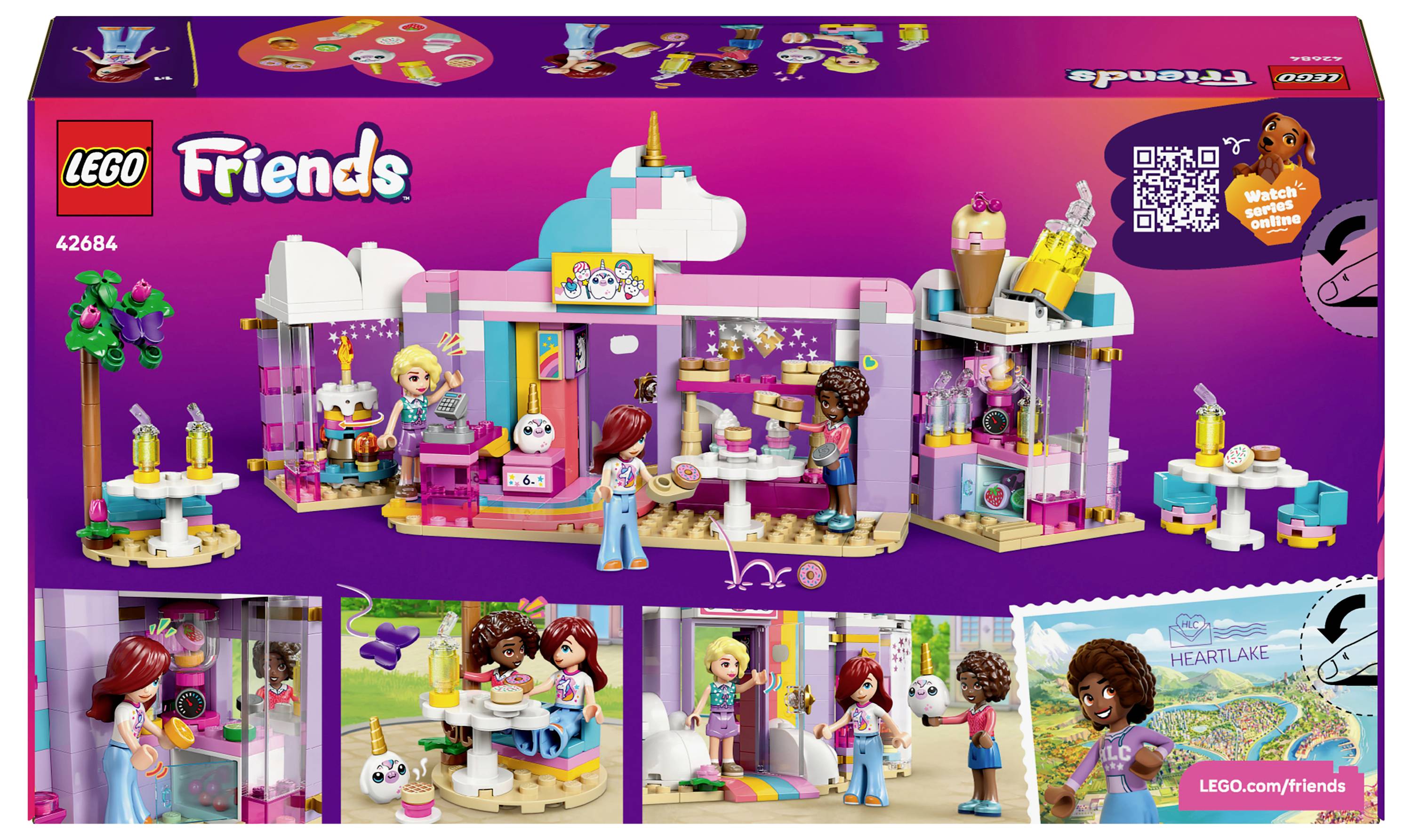 Sada LEGO Friends herní set v krabici zobrazující barevnou scénu kavárny s mini panenkami a doplňky. Obsahuje obrázky aktivit a mapu města Heartlake City.
