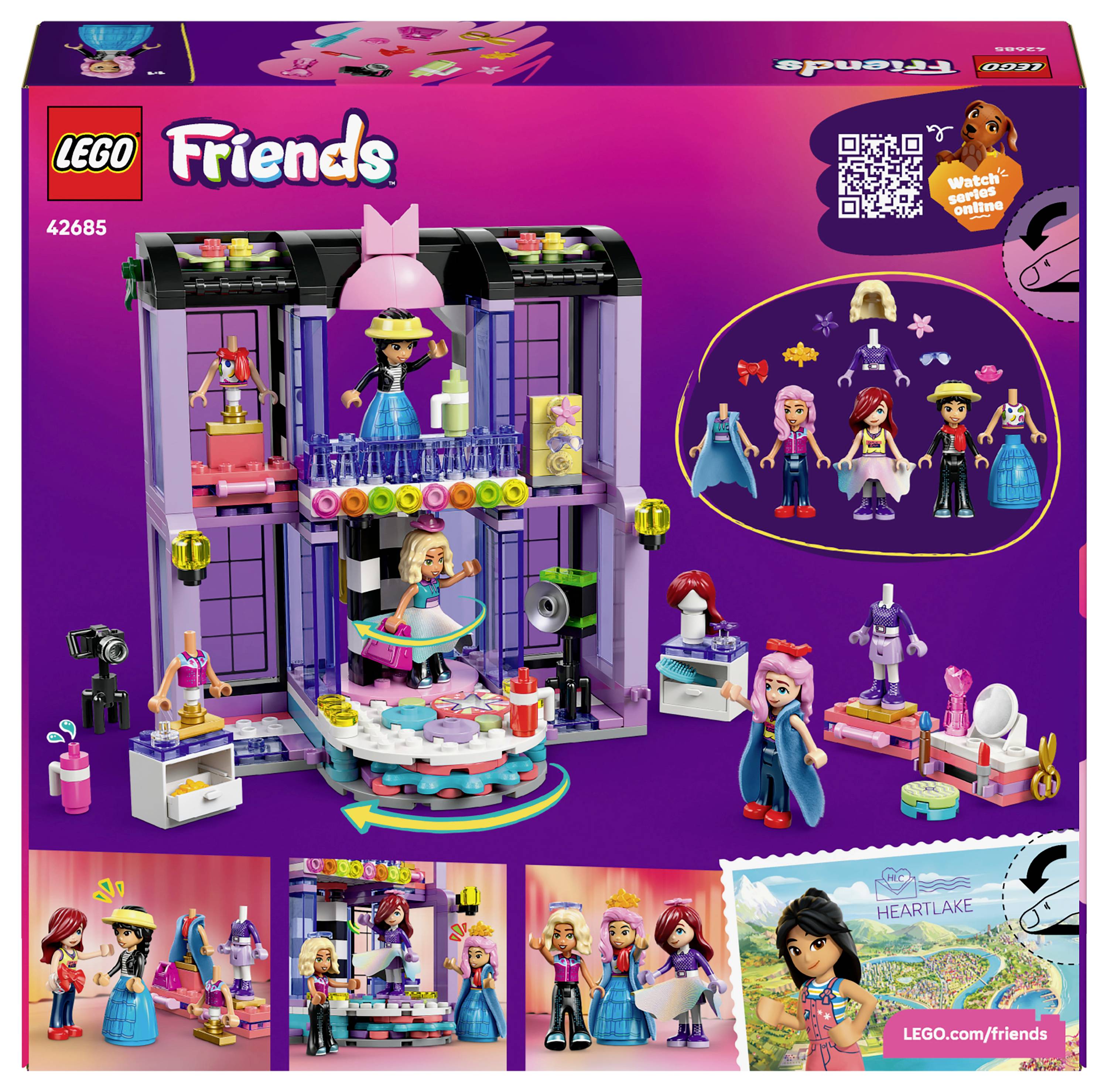 Krabice sady LEGO Friends zobrazující detailní model módní butiku s mini panenkami, doplňky a barevnými prvky obchodu.