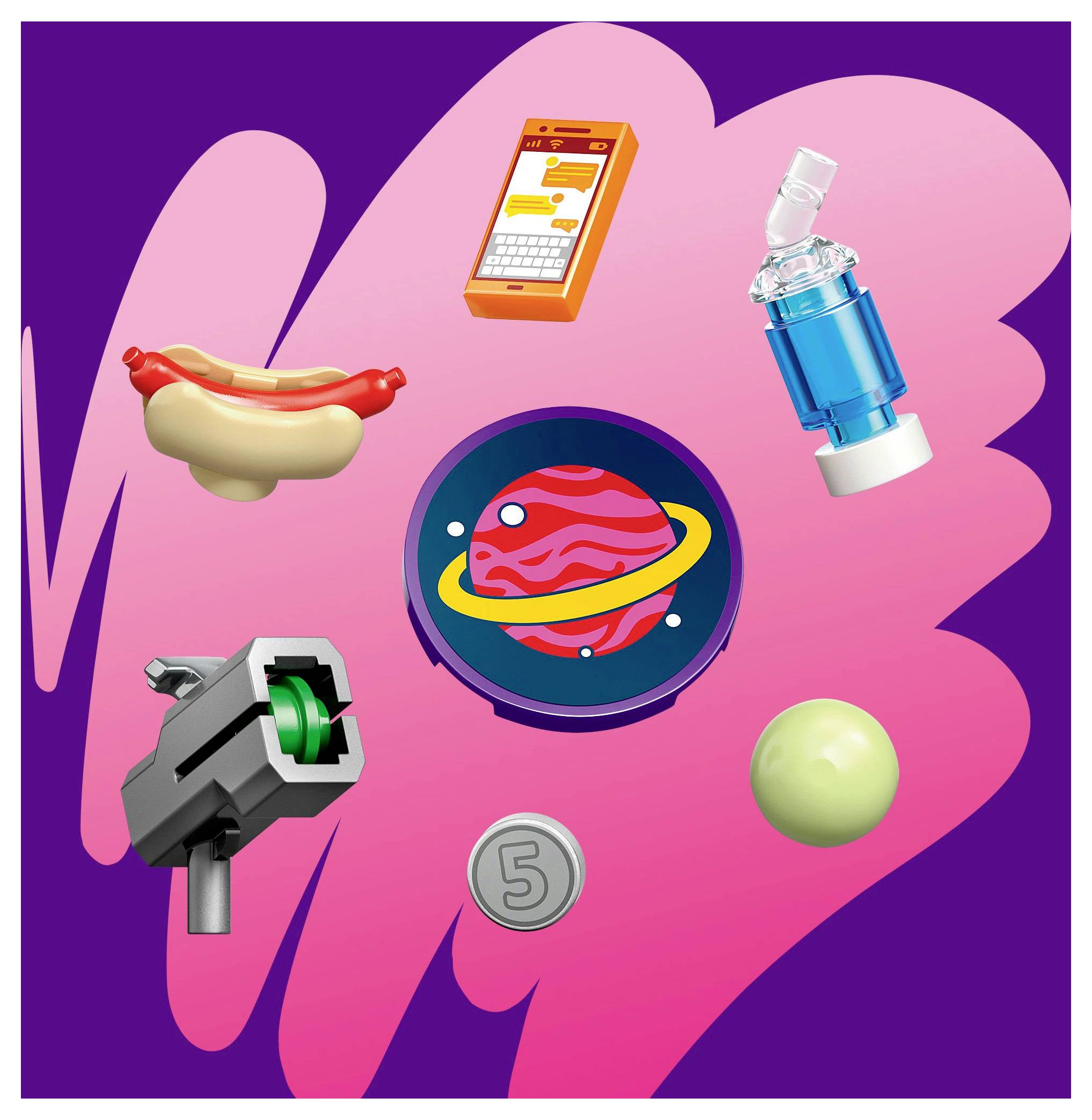 Fialové a růžové pozadí s ilustrací hot dogu, smartphonu, rozprašovače, fotoaparátu, mince s číslem '5', planety a zelené koule.