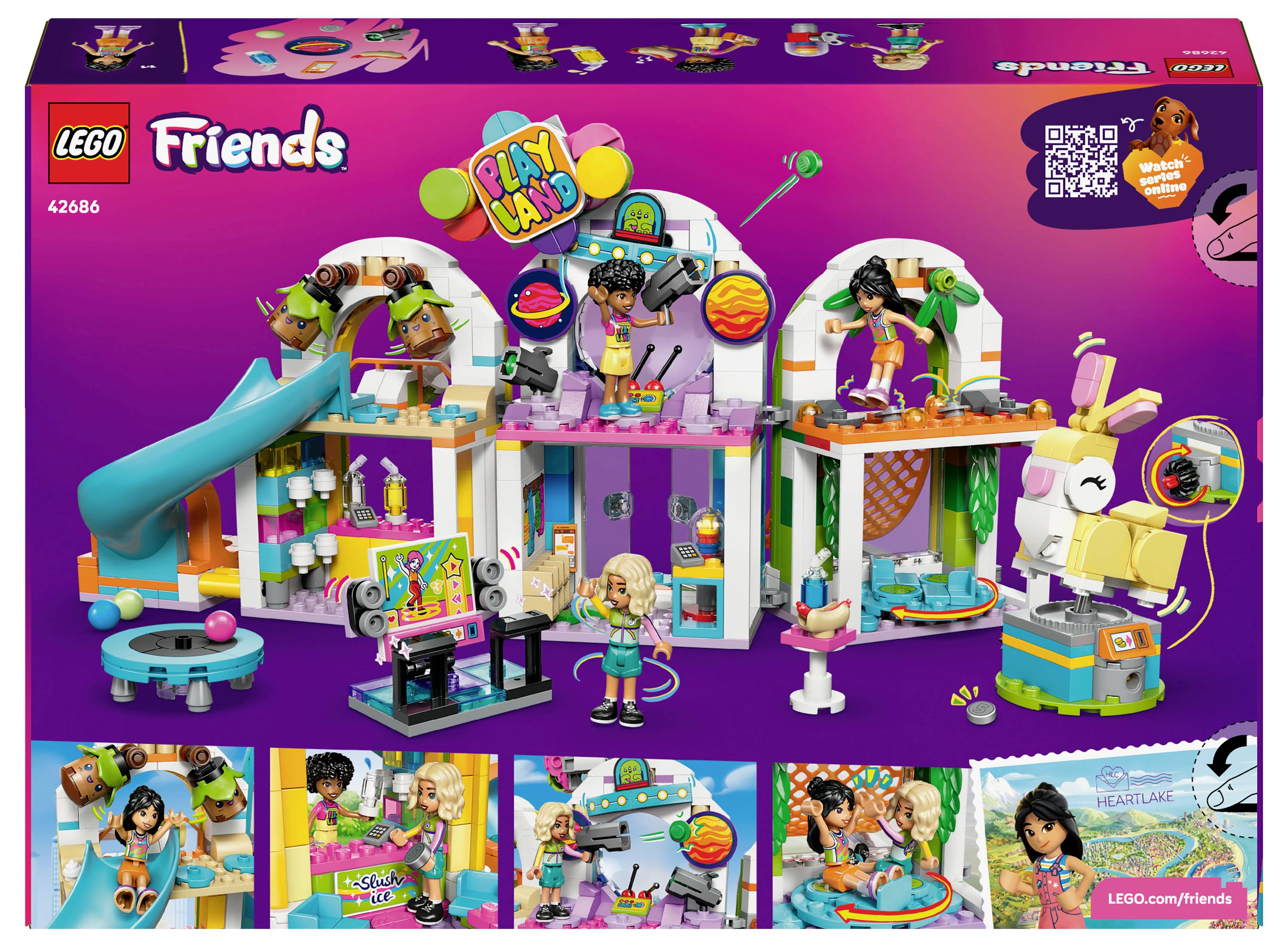 Sada Lego Friends s živými, barevnými stavbami a postavičkami zapojenými do různých zábavných aktivit, včetně skluzavky a figurky králíka.