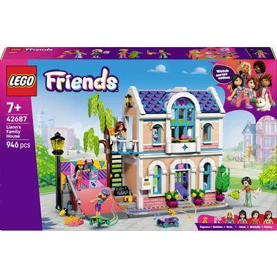 Stavebnice LEGO Friends 'Liannin rodinný dům' pro věk 7+, obsahuje 946 dílků. Nabízí barevný dvoupatrový dům, skateboard a figurky postav.