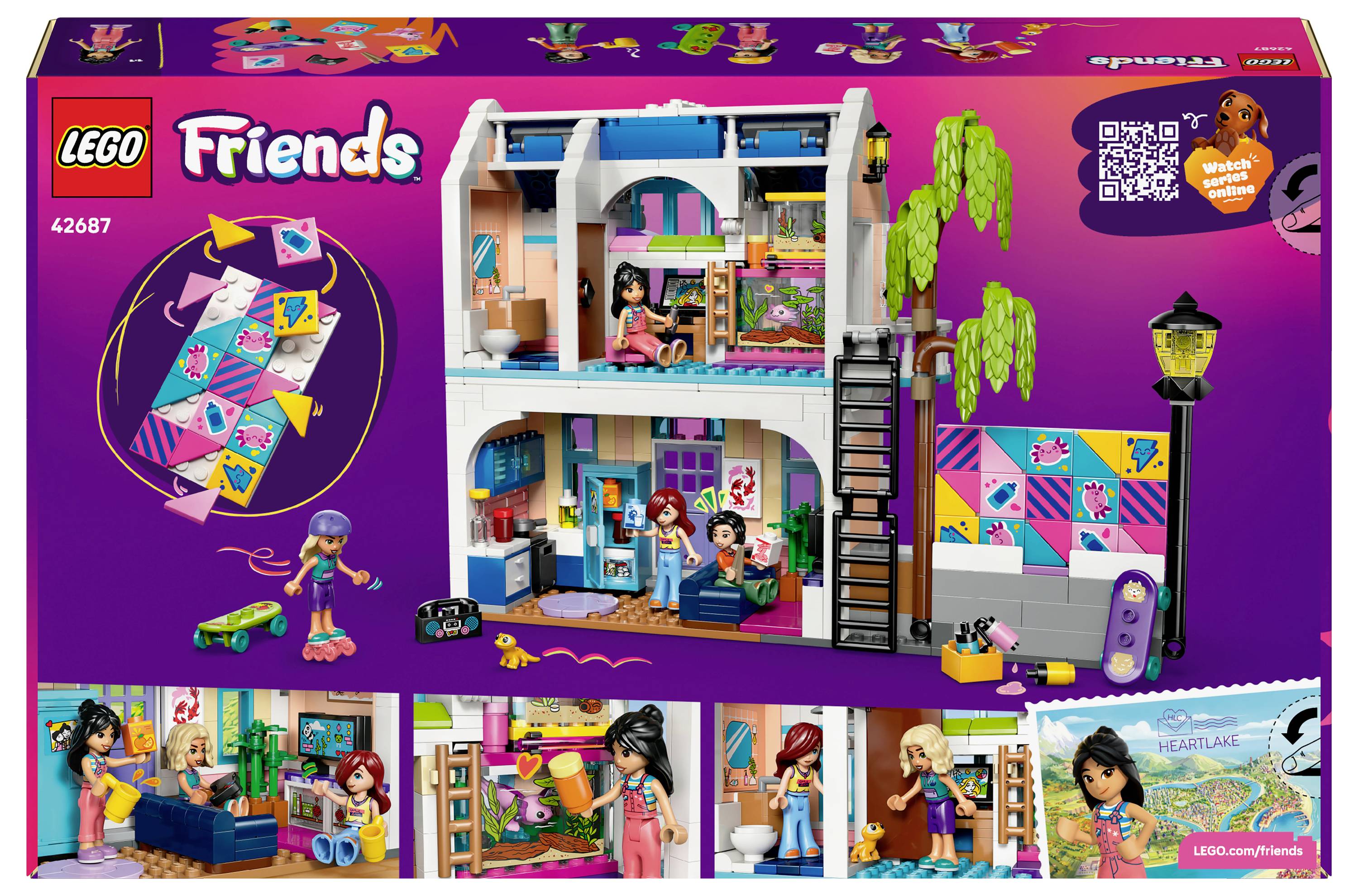 Sada LEGO Friends kadeřnictví s barevným dvoupodlažním salonem, postavičkami zapojených do stylizačních aktivit a různými doplňky s motivem salonu.