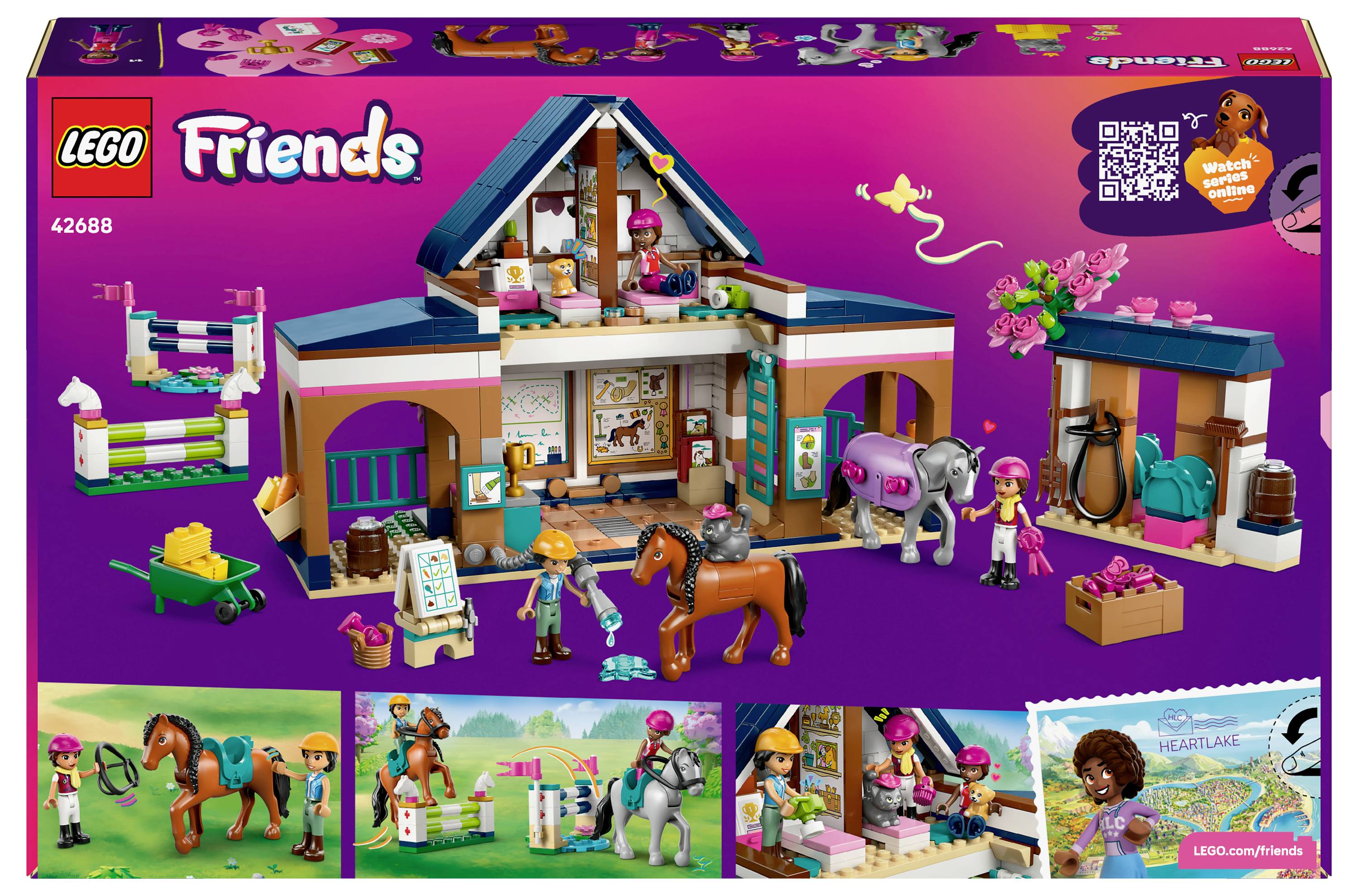 Obal sady 'Lego Friends' s jezdeckou tématikou zobrazující koňskou stáj, minifigurky s koňmi, doplňky a QR kód pro dodatečný obsah.