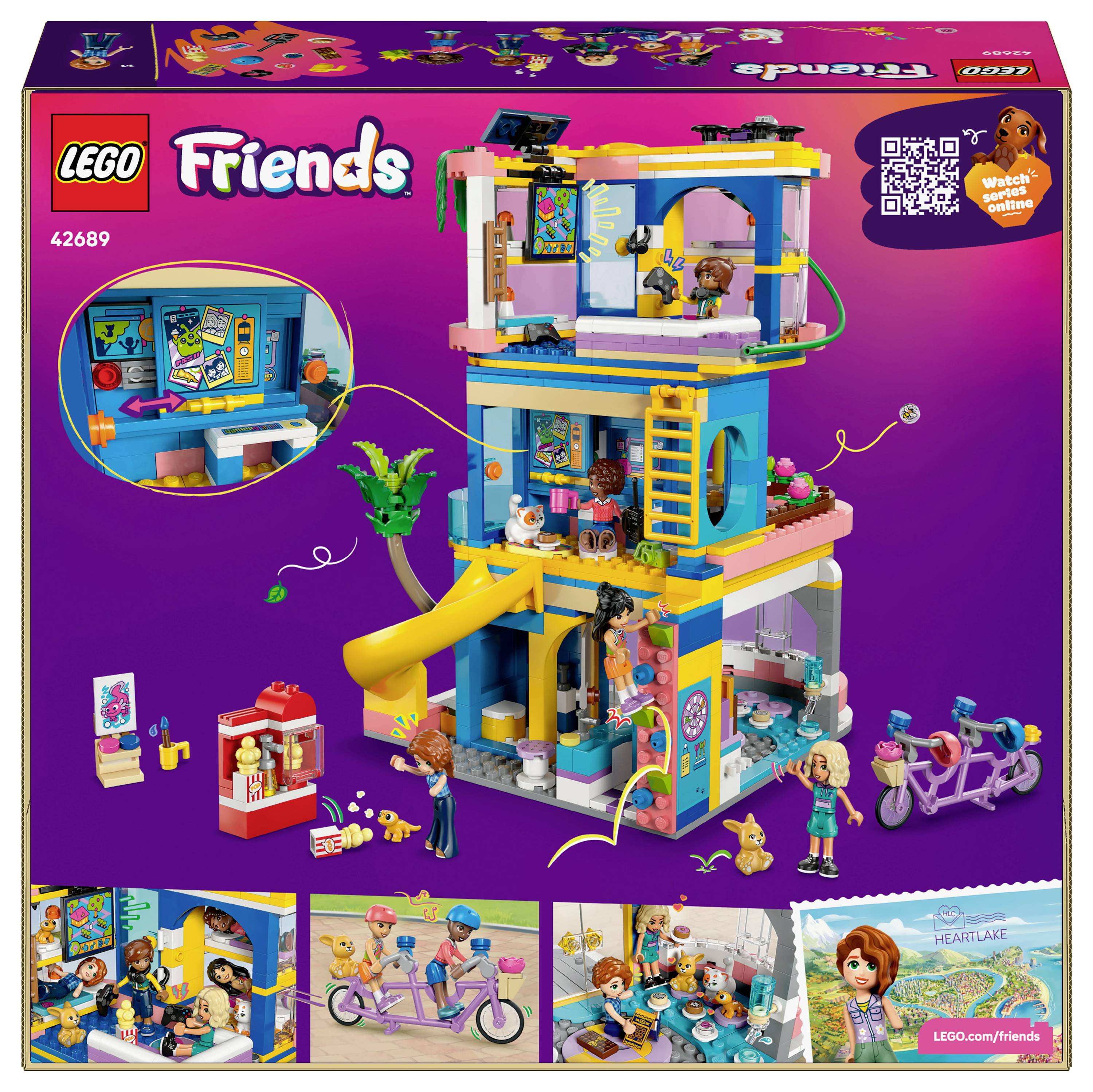 Design krabice pro sadu 'LEGO Friends', která zobrazuje barevnou budovu s doplňky a postavičkami. Obsahuje vložené obrázky herních scén.