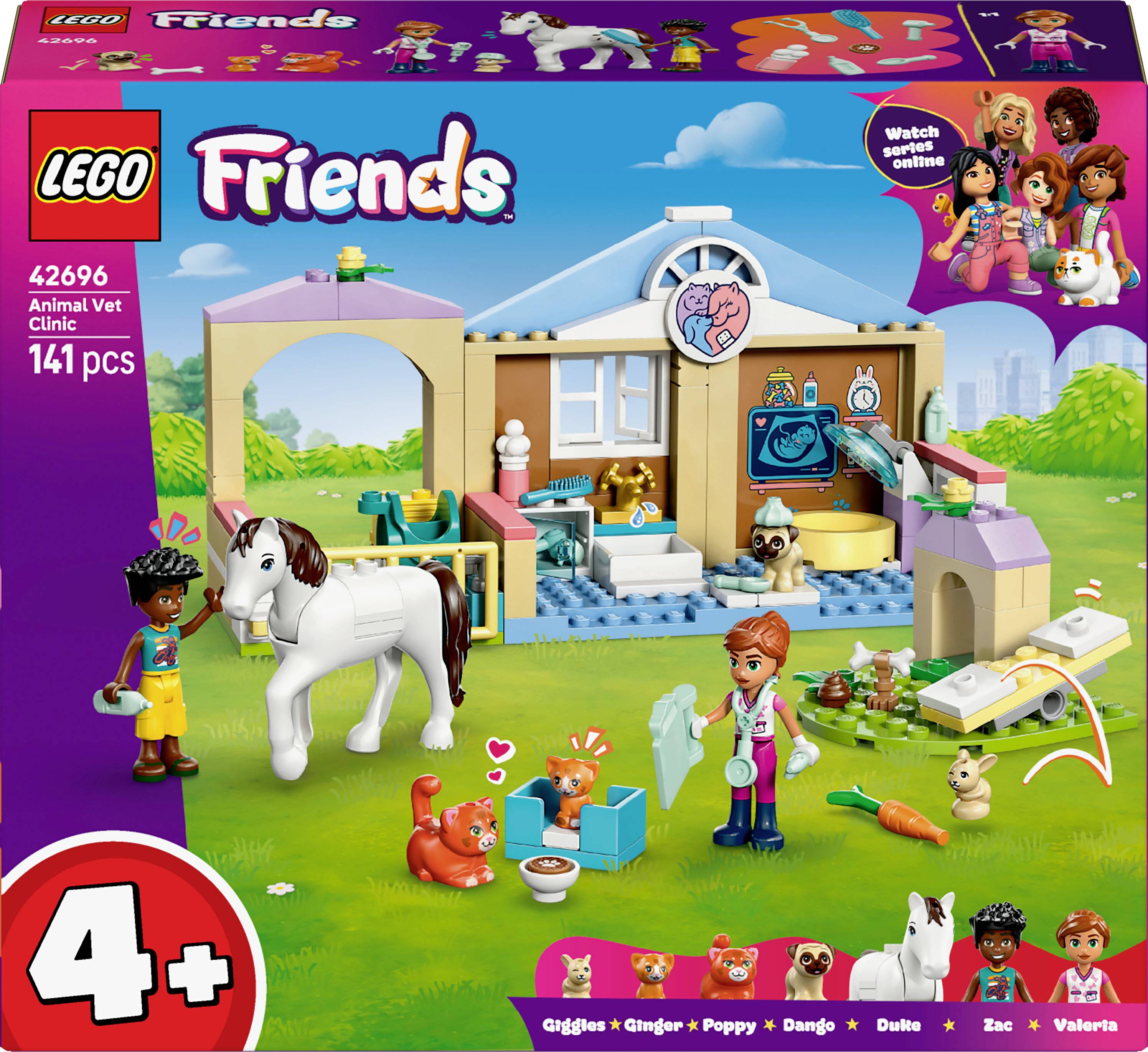 Lego Friends Veterinární klinika pro zvířata, sada zobrazující scénu veterinární ordinace s figurkami, koněm a zvířaty. Určeno pro děti od 4 let.