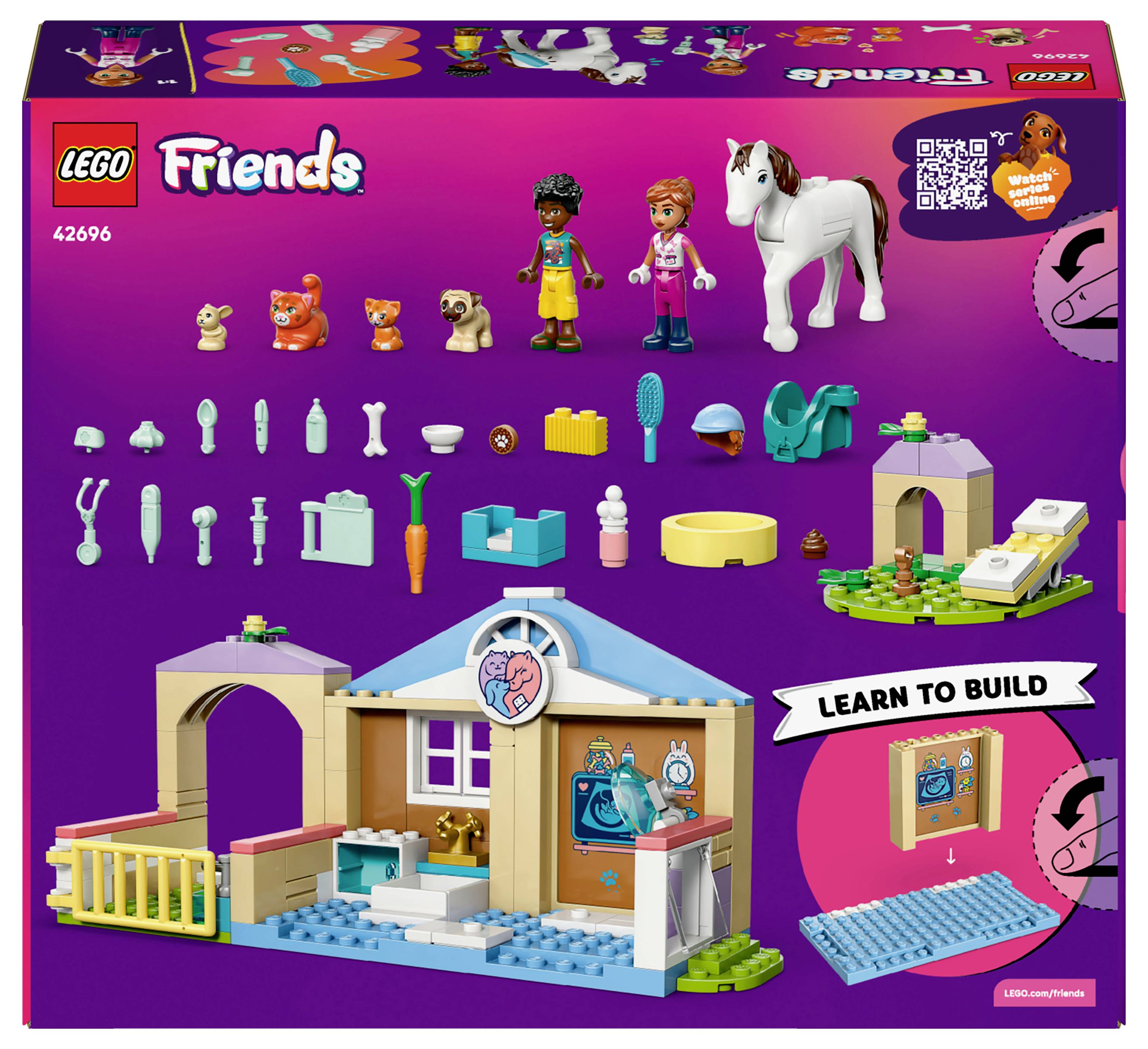 Sada Lego Friends veterinární kliniky s postavičkami, zvířaty, doplňky a stavebními prvky na barevném pozadí.