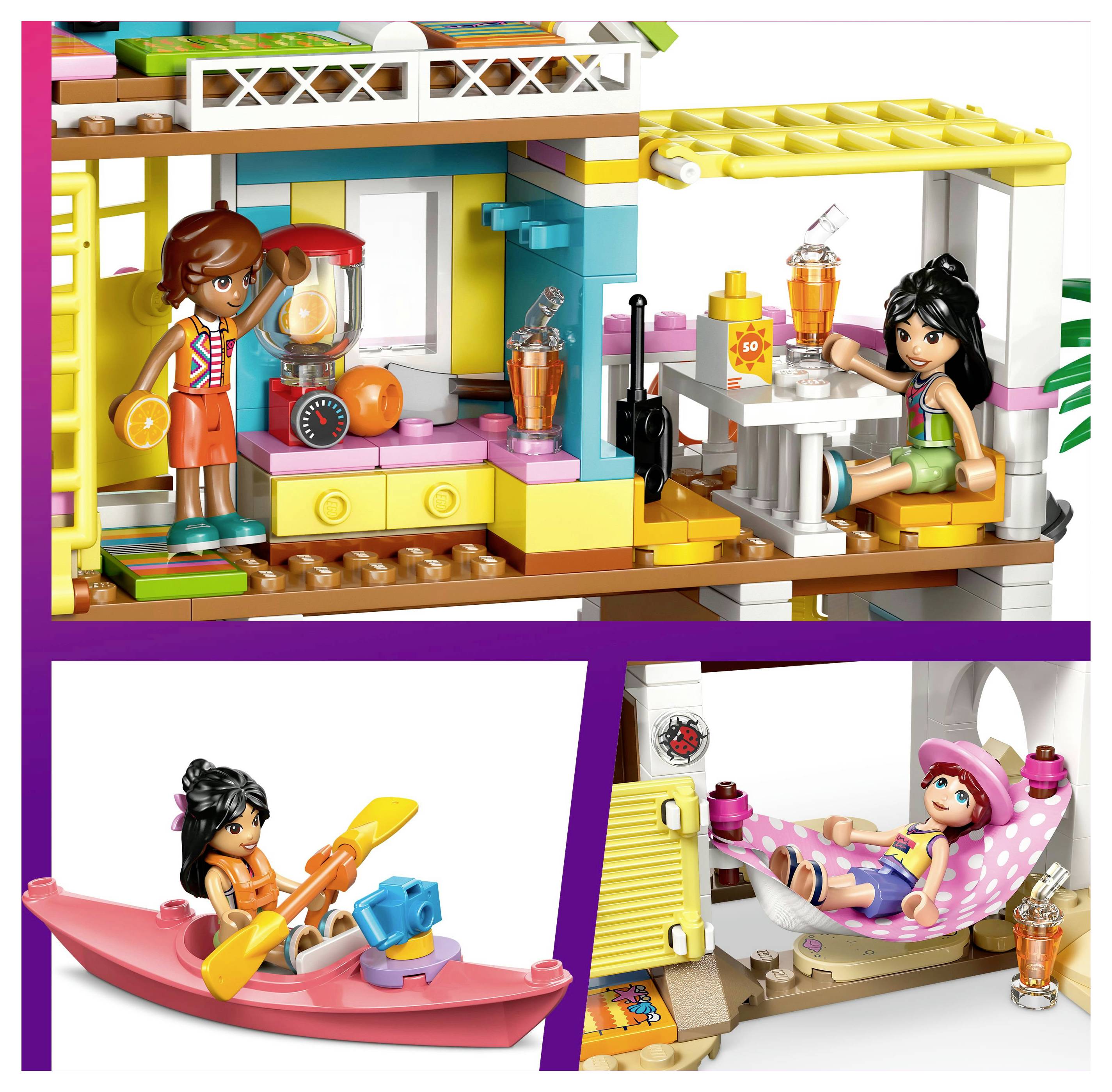 Scéna z LEGO: Nahoře: jedna dívka v barevné kuchyni, další sedící u stolu. Dole vlevo: dívka v kajaku. Dole vpravo: dívka odpočívající v houpací síti.