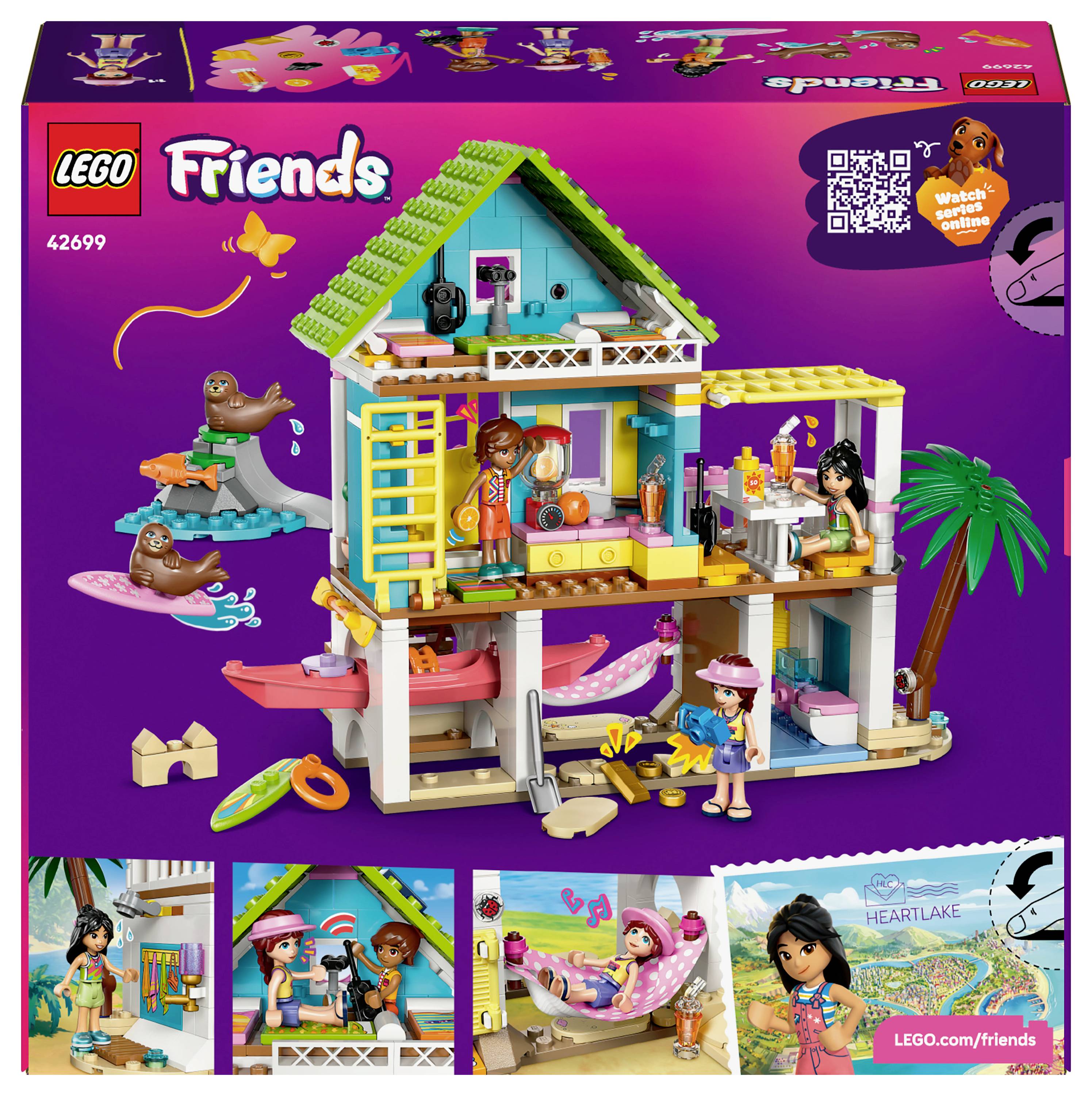 LEGO Friends sada s herním setem ukazující barevný plážový dům s postavičkami, delfíny a doplňky, která podporuje kreativitu a rolové hraní.