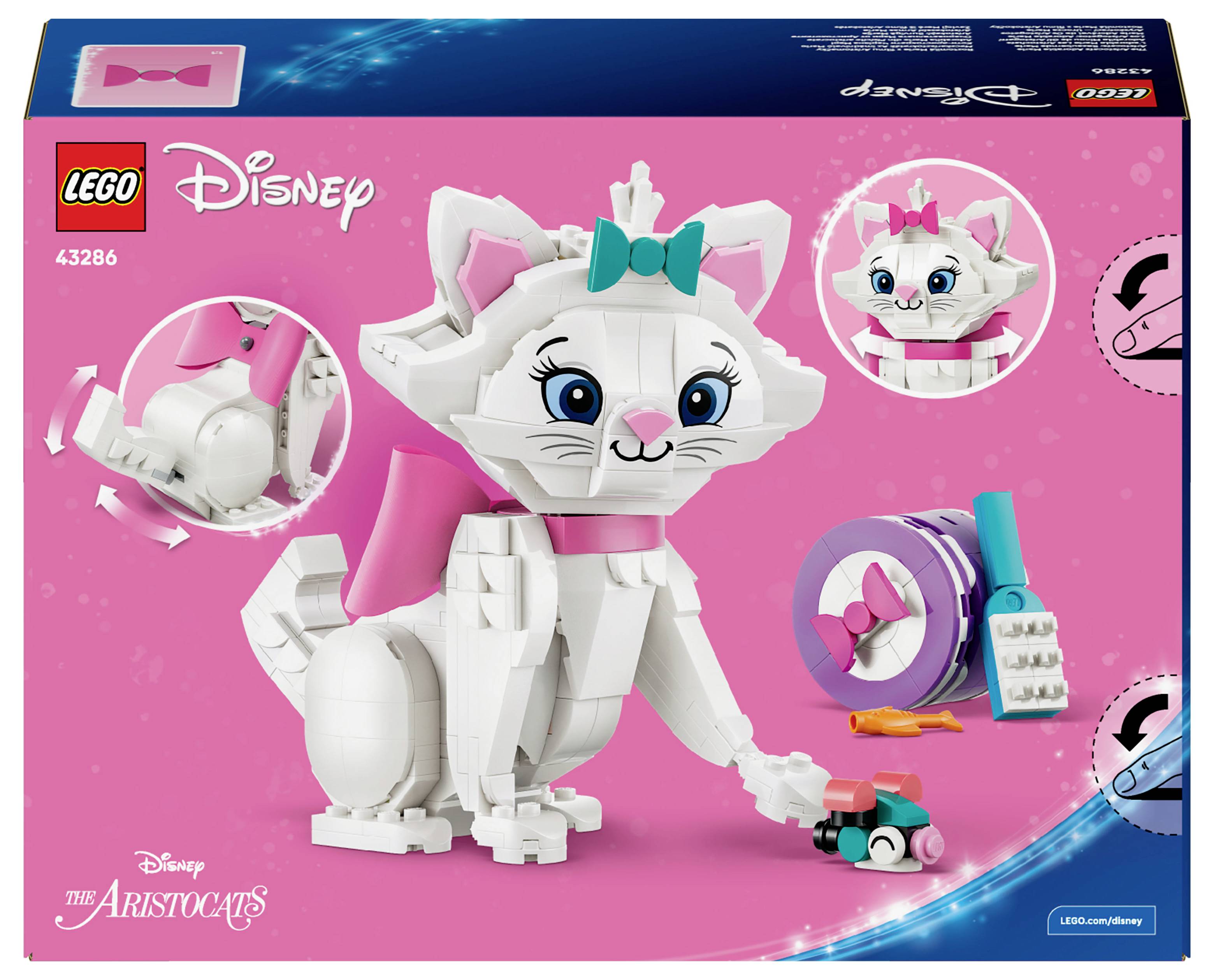 LEGO sada Disney s krabicí zobrazující bílou kočku s mašlí, 'Marie' z filmu Aristokočky, s návodem ke stavbě a zobrazenými díly.