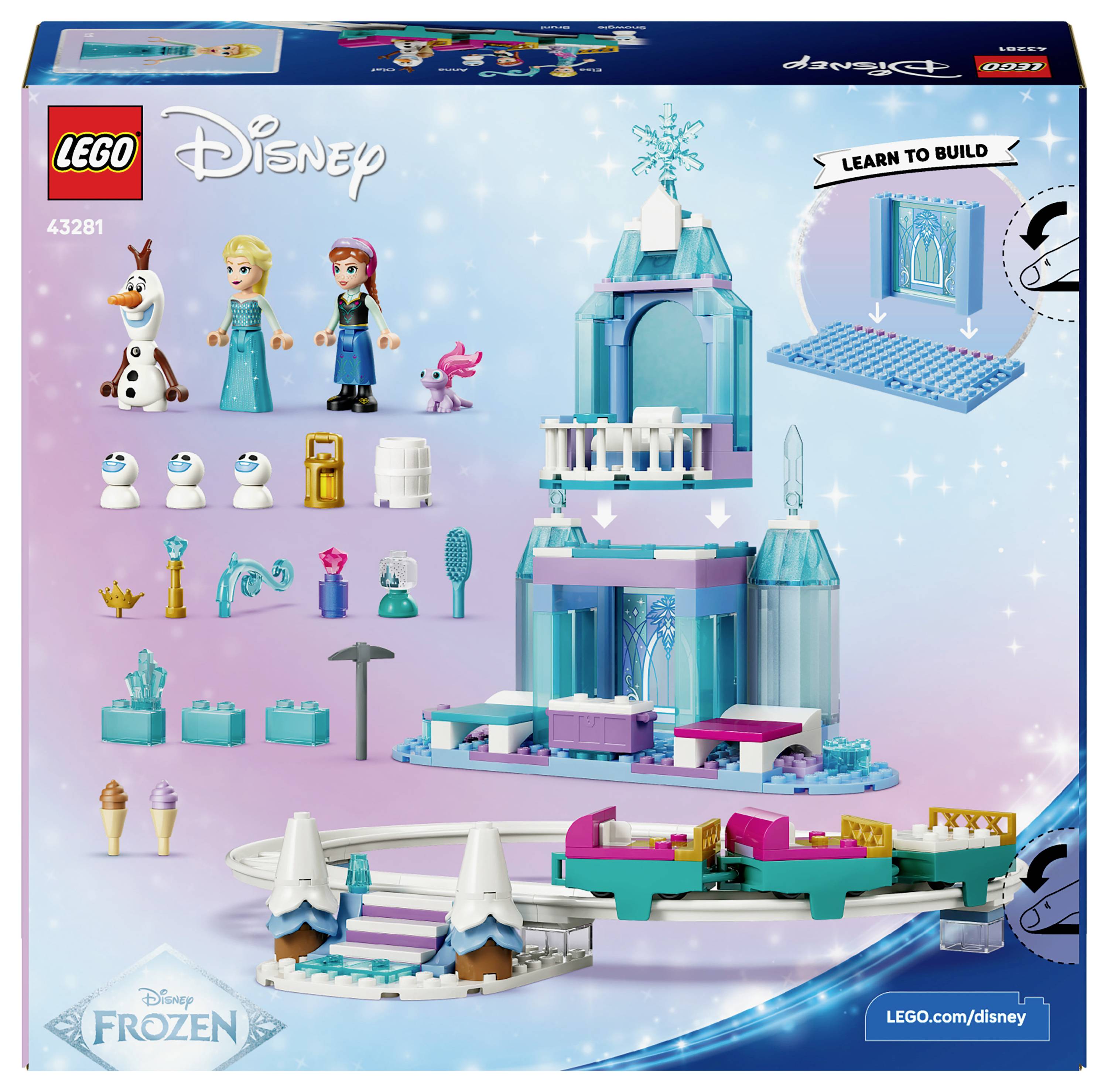 Sada Lego Disney Frozen 43281 s krabicí zobrazující Elsu, Annu, Olafa a díly pro stavbu ledového zámku s příslušenstvím. Obsahuje stavební návod.