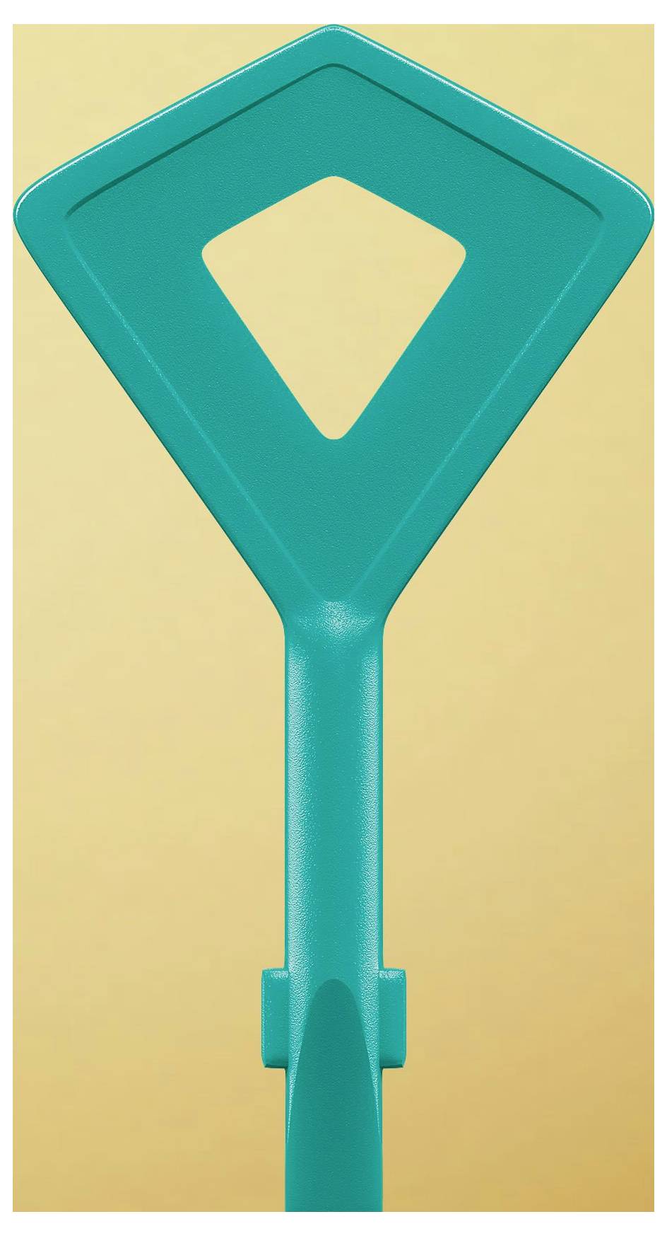 Tyrkysová, diamantového tvaru mucholapka s dutým středem na jednoduchém žlutém pozadí.