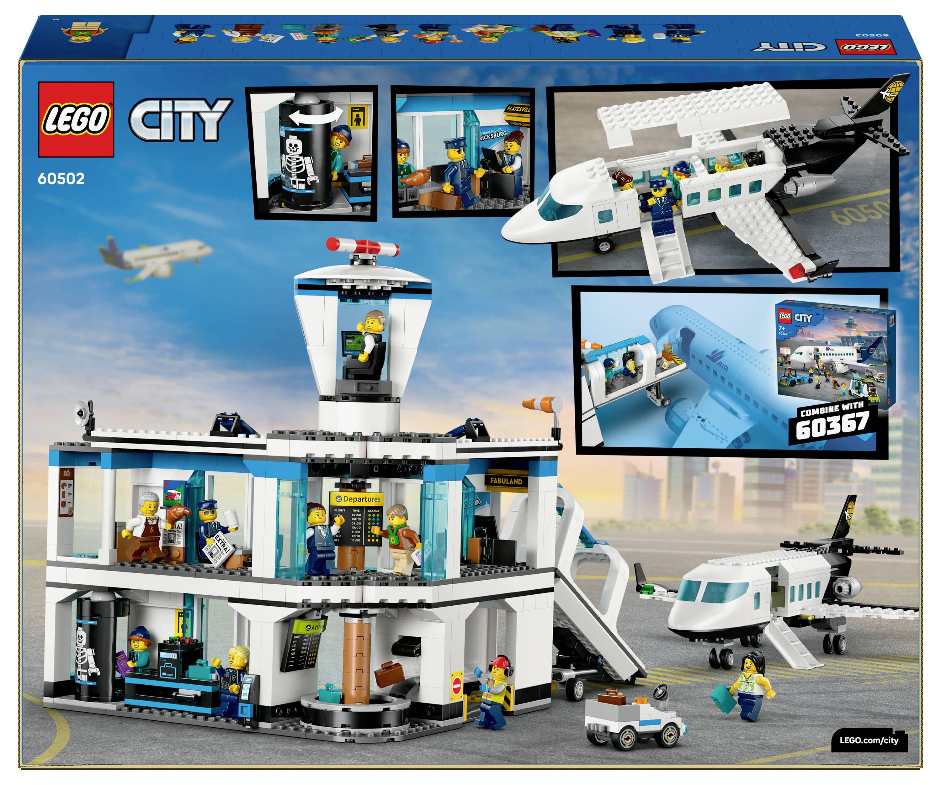 Sada LEGO City Letiště zobrazující detailní řídící věž, letadlo, pozemní posádku a cestující. Vložené obrázky ukazují figurky, letadlo a panorama města.