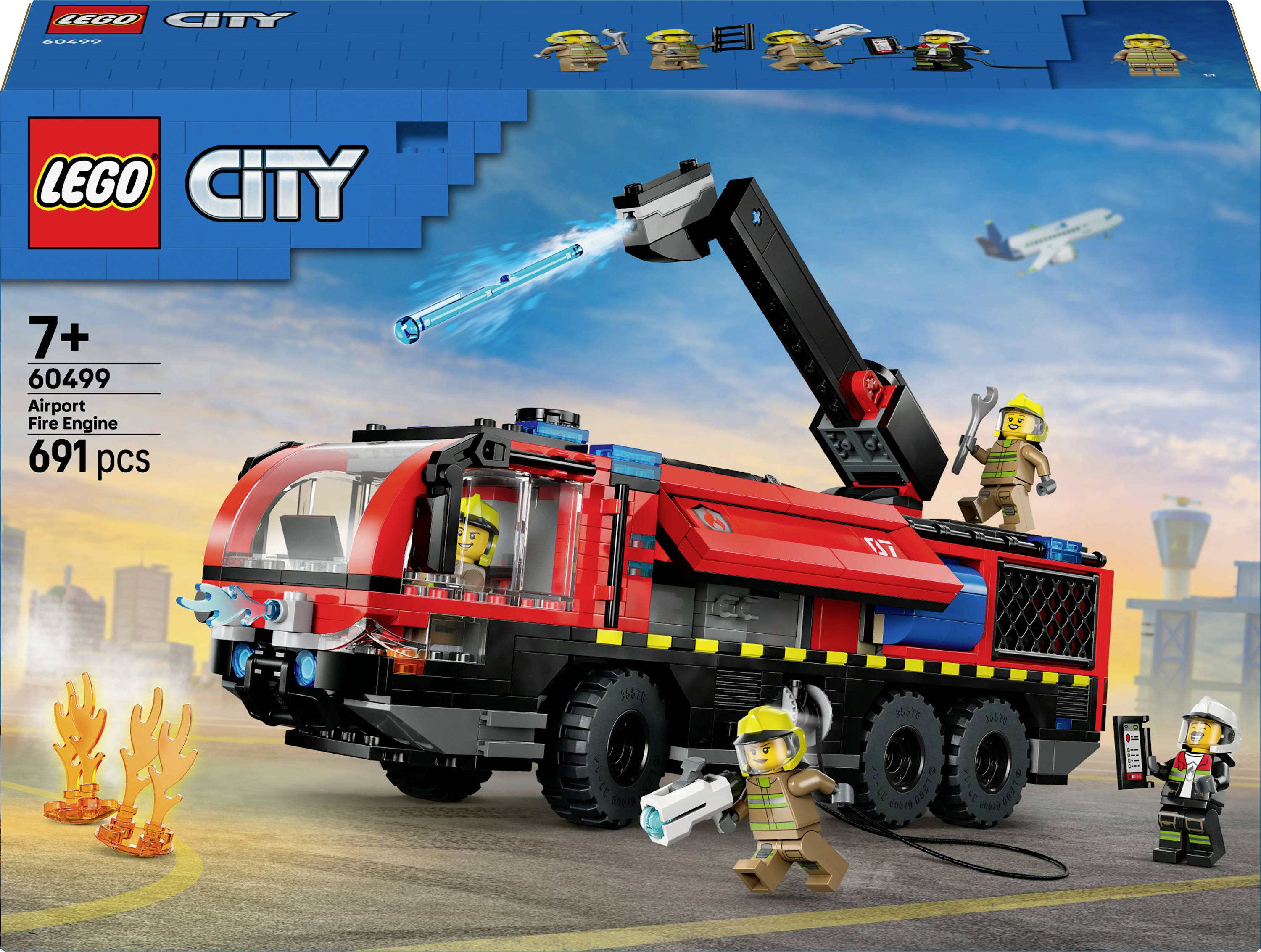 Hasičské vozidlo z řady Lego City Letiště se 691 díly, včetně hasičského vozu, hasičů s nástroji a malých prvků požáru v letištní scéně.