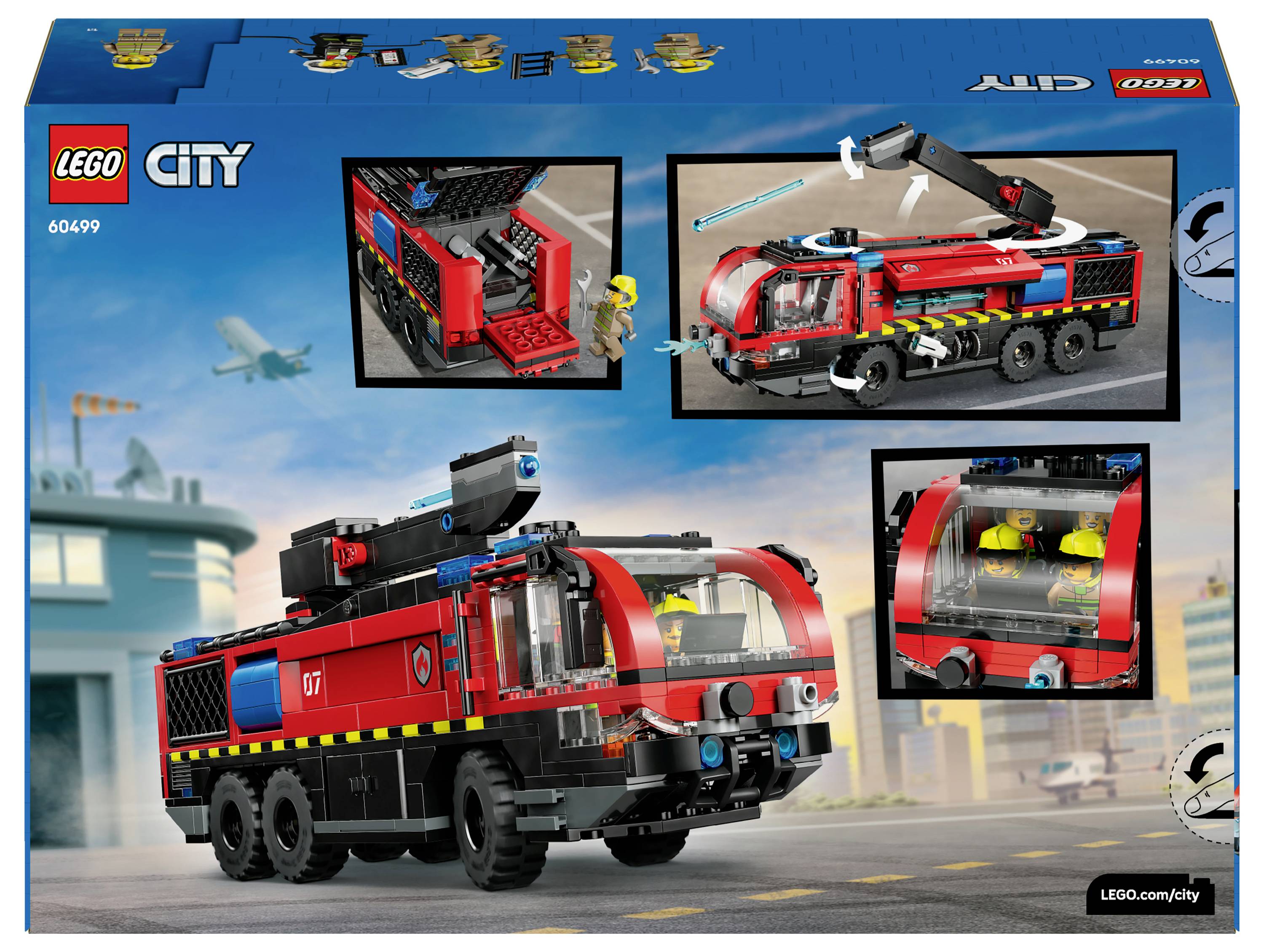 Sada hasičského vozu LEGO City v krabici s obrázky červeného hasičského vozu s výsuvným jeřábem, žebříkem, hasiči a pozadím letiště.