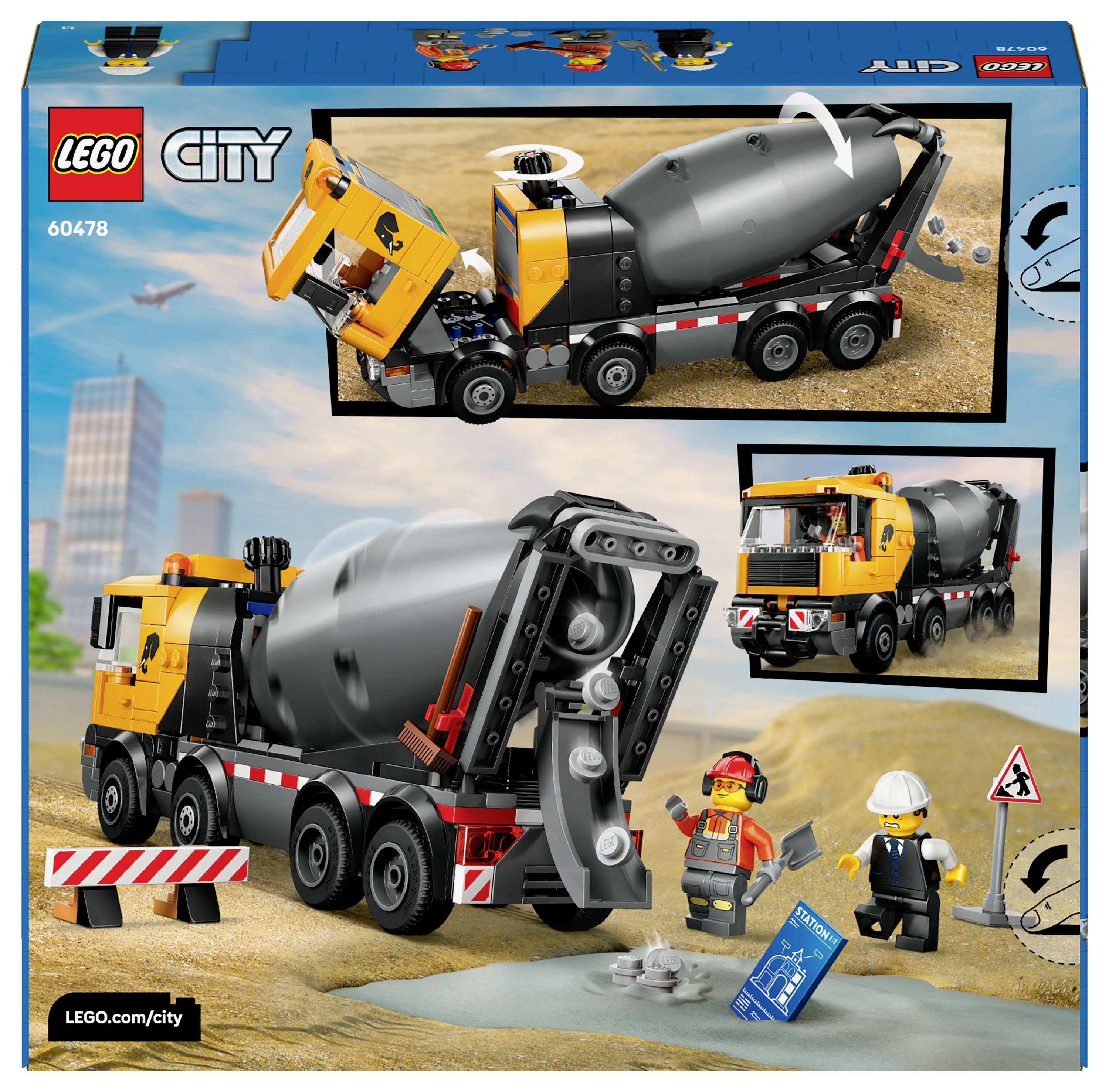 Stavební sada LEGO zobrazující nákladní auto s míchačkou betonu s pohyblivými prvky, figurkami dělníků a scénou staveniště.