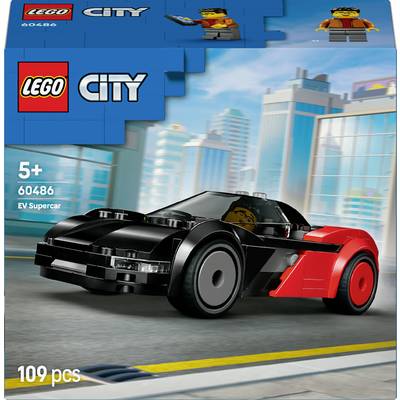 Sada 'LEGO City' s modelem 'EV Supersporťáku' určená pro děti od 5 let, obsahující 109 dílků. Autíčko je zobrazeno v městském prostředí.